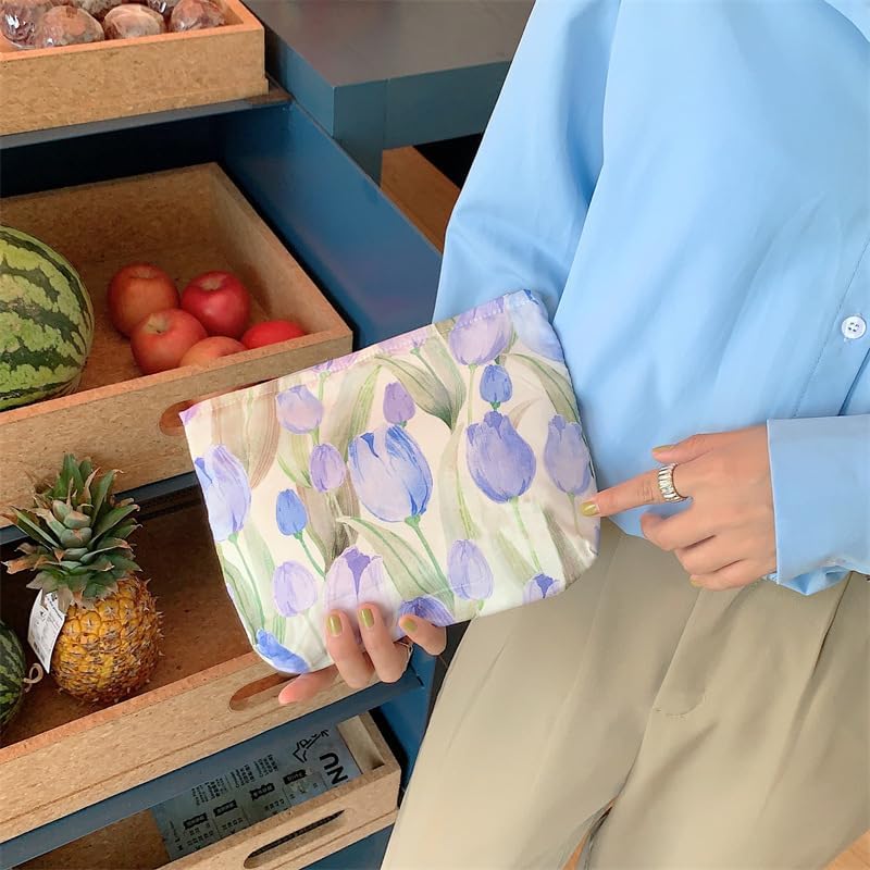 PAZIMIIK Floral Makeup Bag Large Cotton Zipper Pouch for Purse Travel Canvas Make Up Organizer for Women Cosmetic,Tulip Purple