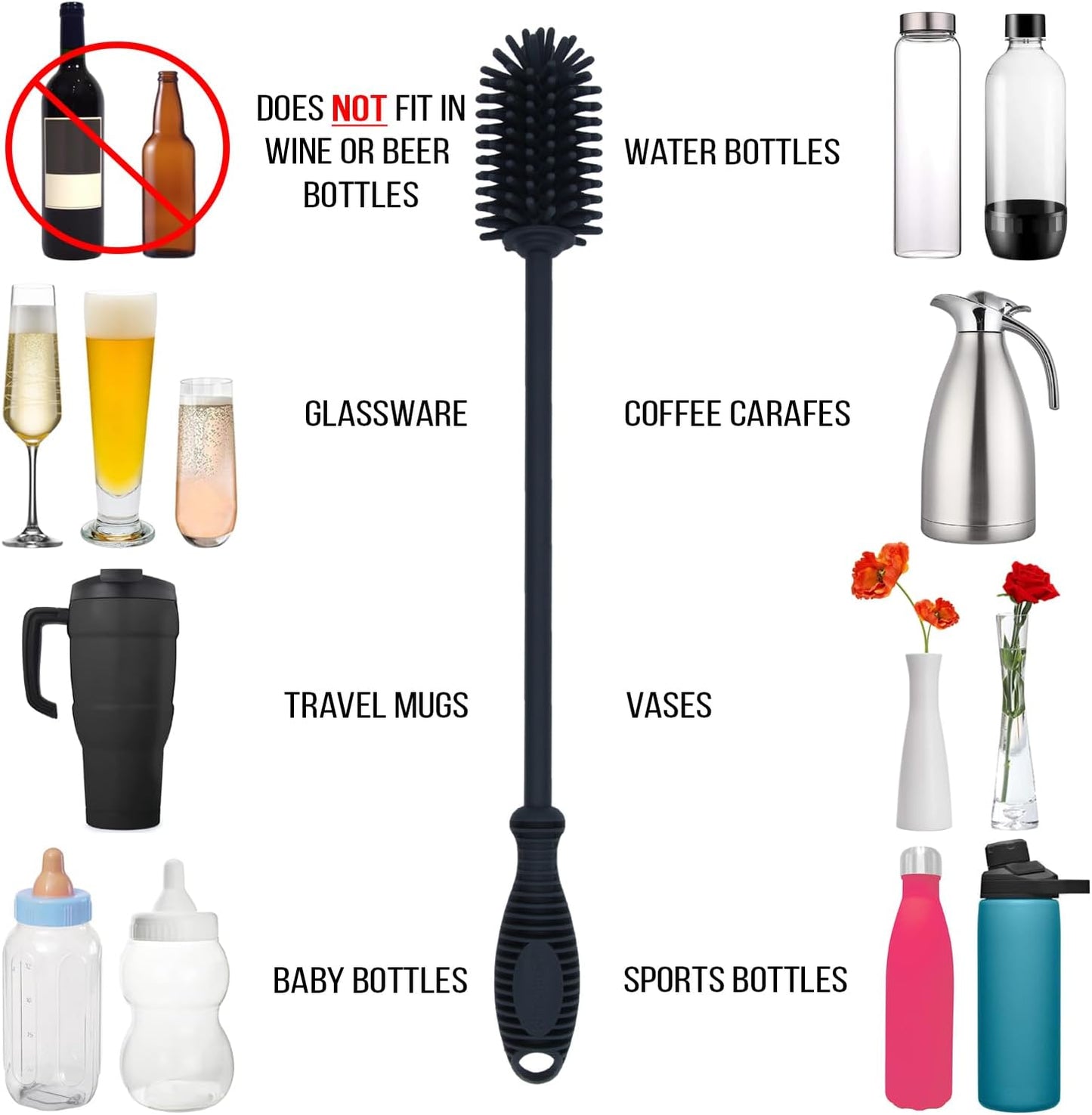 12.5" Silicone Bottle Brush & Straw Cleaner Brush Set | Water Bottle Cleaner for Hydro Flasks, Tumblers, Glassware, Vases and Narrow Neck Containers