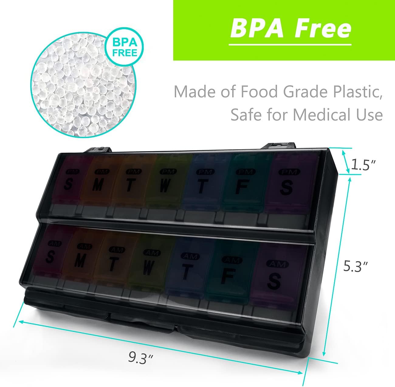 Extra Large Weekly Pill Organizer 2 Times a Day - Remtise Am/Pm Daily Pill Case Medicine Organizer, Push Button 7 Day Pill Box for Pills/Vitamin/Cod Liver Oil/Supplements (Rainbow)