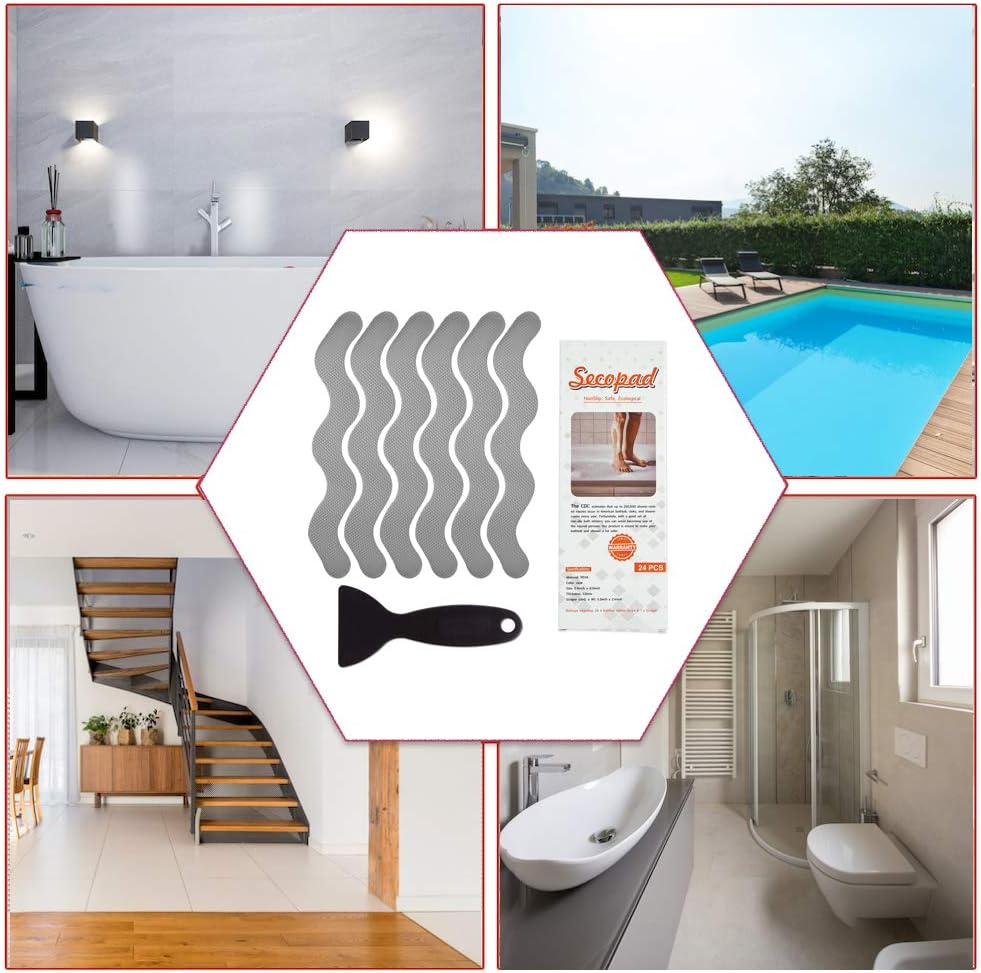36 PCS Anti Slip Shower Stickers, Safety Bathtub Strips Adhesive Decals with Premium Scraper for Bath Tub Shower Stairs (Grey)