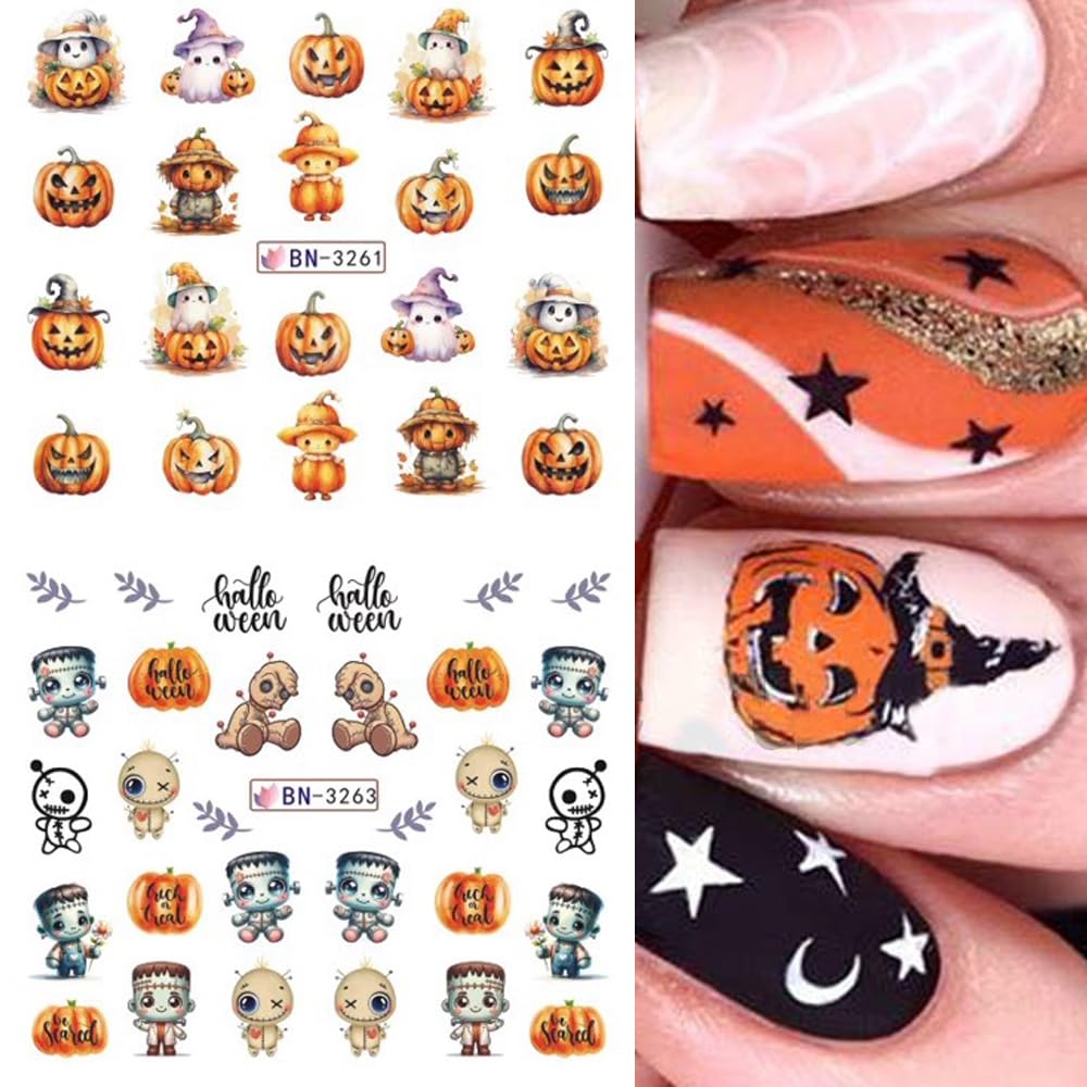12 Sheets Halloween Nail Art Stickers Pink Pumpkin Water Transfer Nail Decals Cute Ghost Spider Skeleton Acrylic Nail Stickers for Women DIY Manicure Tips Halloween Nail Art Decorations Supplies
