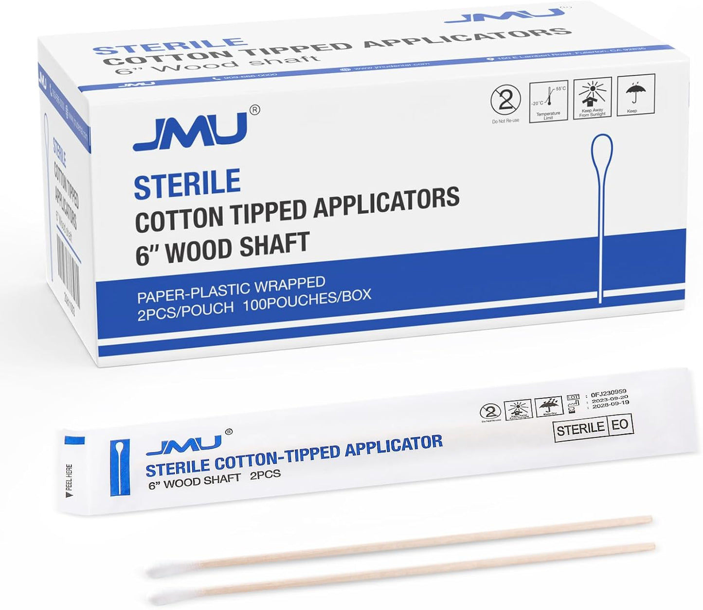 JMU 6 Inch Sterile Cotton Tipped Applicators, 200 Count Long Cotton Swabs, Wood Shaft Medical Swabs