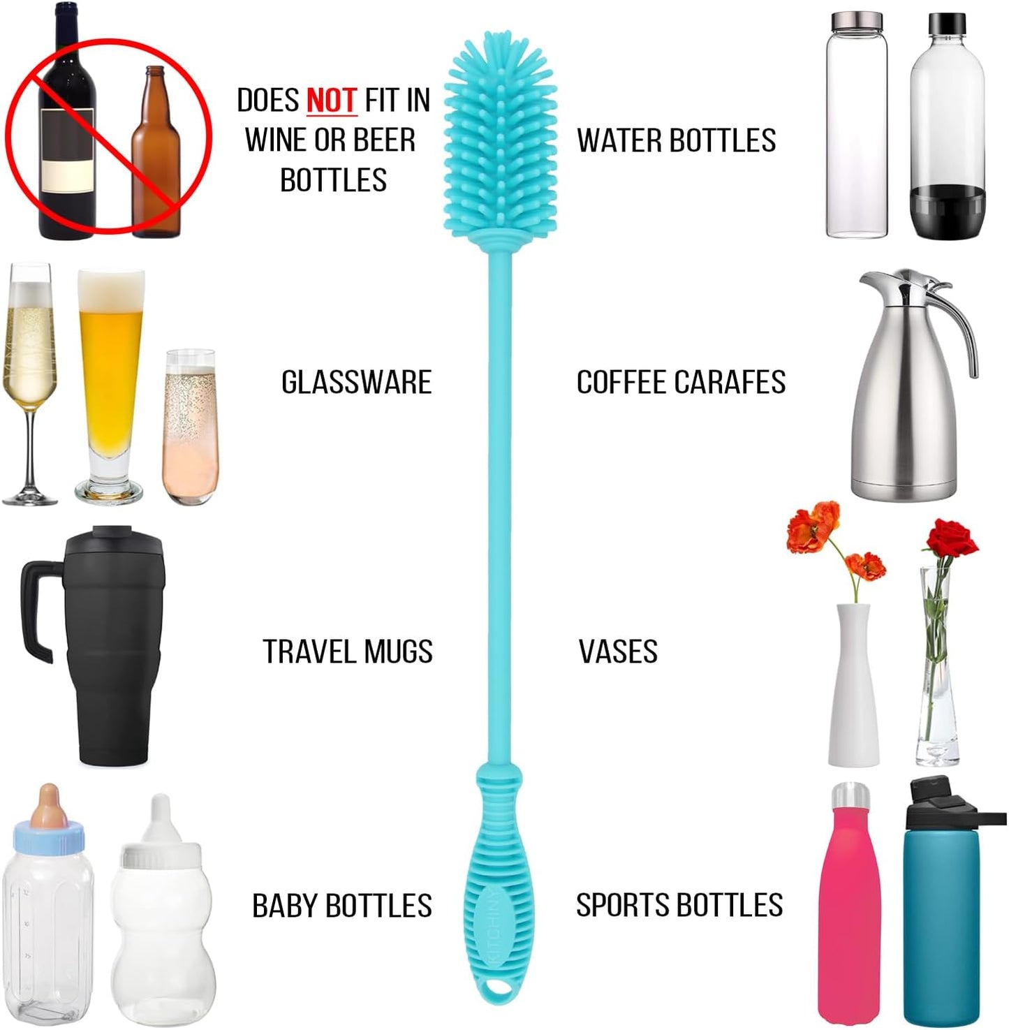 12.5” Silicone Bottle Brush & Straw Cleaner Brush Set | Water Bottle Cleaner for Hydro Flasks, Tumblers, Glassware, Vases and Narrow Neck Containers
