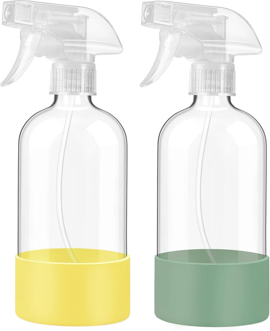 JohnBee Glass Spray Bottles with Silicone Sleeve, 2 Pack16 oz Empty Refillable Containers with Adjustable Nozzles, Spray Bottles for Hair, Cleaning Solutions and Plants, Olive Green&Yellow