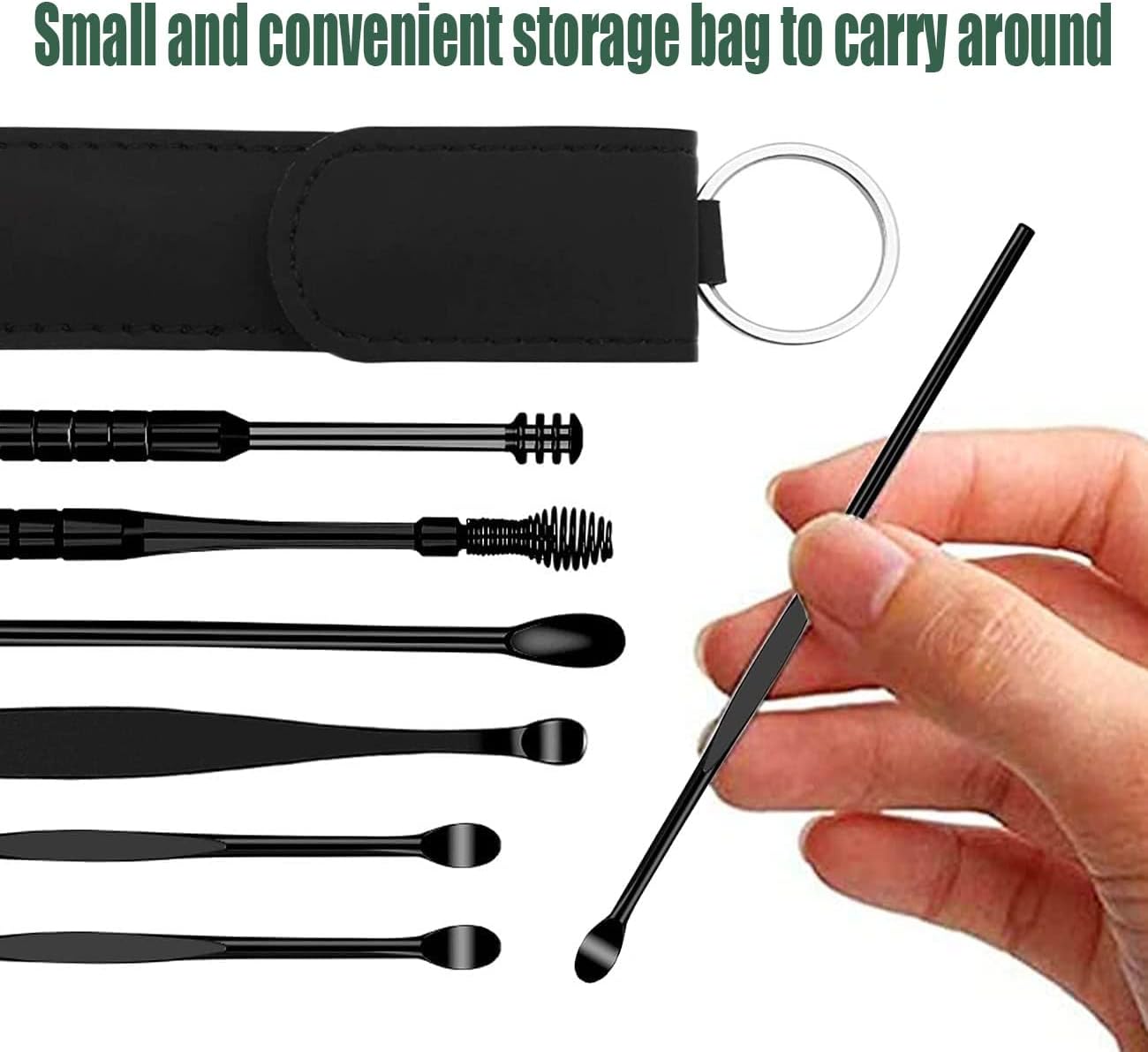 12 Pcs Ear Pick Earwax Removal Kit, Ear Cleaning Tool, Stainless Steel Earwax Removal Tool with Leather Storage Box (Black&Green)