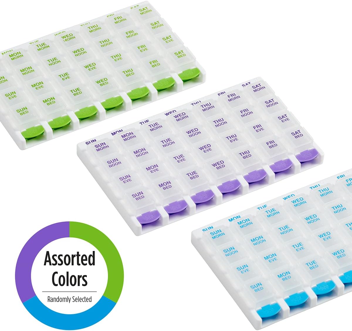 EZY DOSE Weekly (7 Day) 4 Times a Day Push Button Pill Organizer and Vitamin Planner, Removable Daily Pillboxes, Patented Design, Assorted Colors, Clear, Large (Pack of 1) (67133)