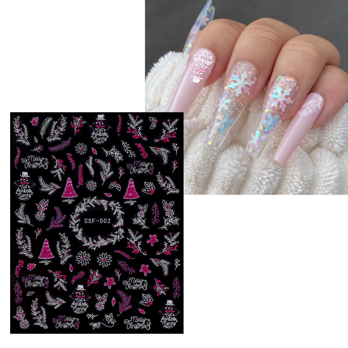 JMEOWIO 9 Sheets Christmas Pink Glitter Nail Art Stickers Decals Self-Adhesive Snowflake Winter Holiday Nail Supplies Nail Art Design Decoration Accessories