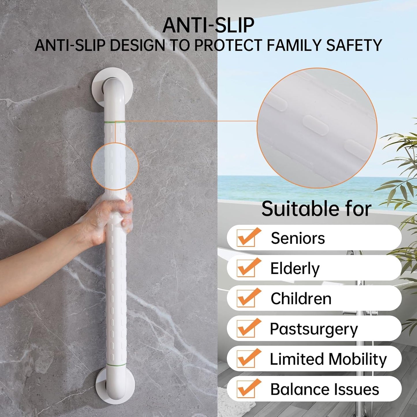 Joyrain 16-inch Bathroom Safety Grab Bar - 500lb Weight Capacity ADA Certified Anti-Slip Handle for Shower/Tub/Toilet, Elderly & Disabled Assist (White(2-Pack), 16 inches (Overall Length 400mm))