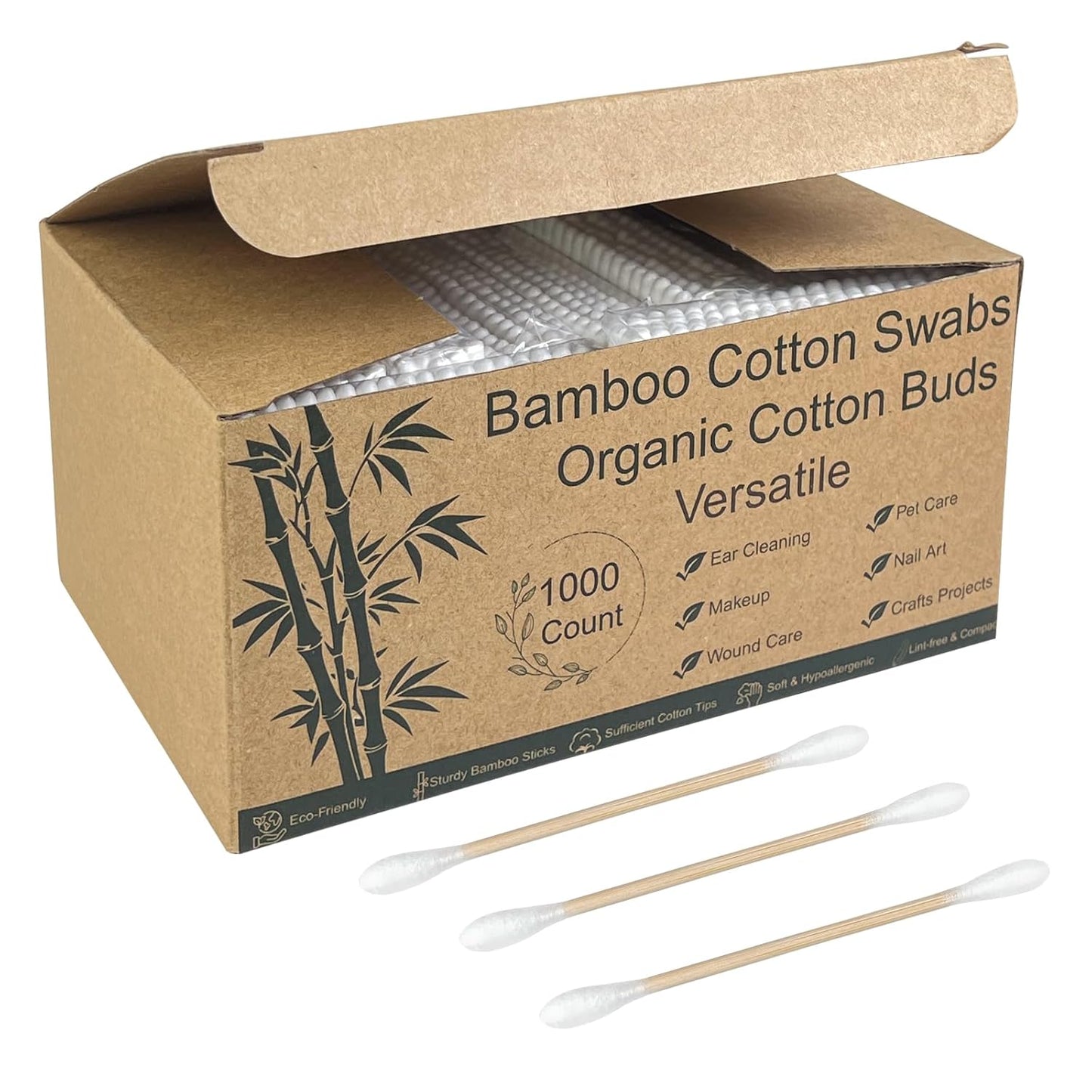 1000 ct Bamboo Cotton Swabs - Sturdy Bamboo Core, Soft Cotton Tips - Disposable Swabs for Beauty, Makeup, Beauty, Skincare and Personal Care - Eco-Conscious Packaging
