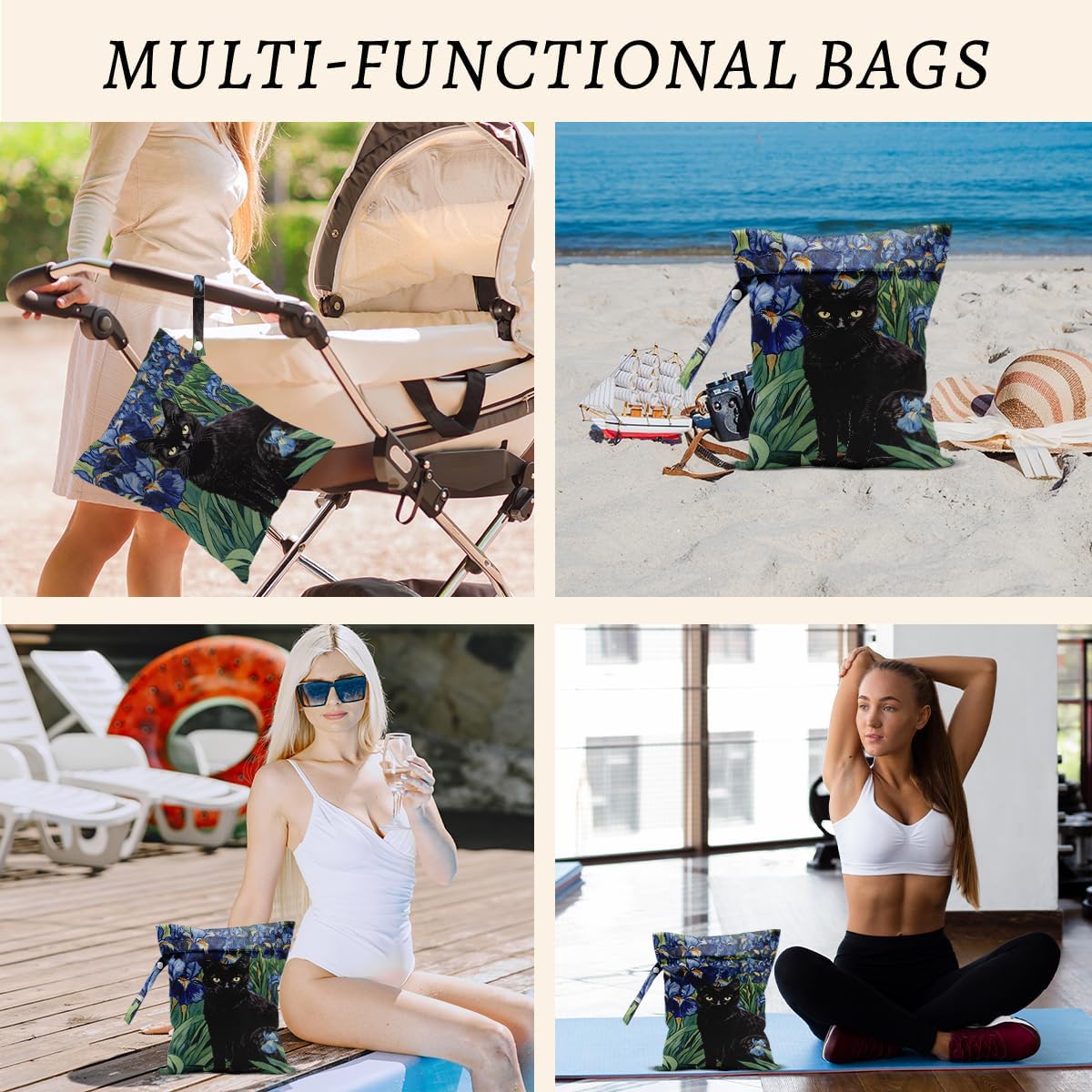 Cat Wet Bags 12x10 Inch, Blue Floral Waterproof Reusable Wet Dry Bags, Flowers Washable Travel Laundry Bag for Swimsuit Pool Beach Diapers Dirty Yoga Gym Clothes, Cat Gifts for Women Friend Travelers