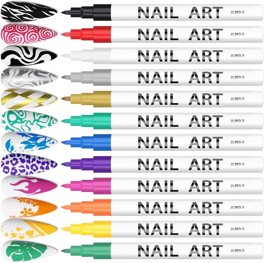12 Color 3D Nail Art Pens Set, Kalolary 0.7mm Nail Point Graffiti Dotting Pen Drawing Painting Liner Brush for DIY Nail Art Beauty Adorn Manicure Tools