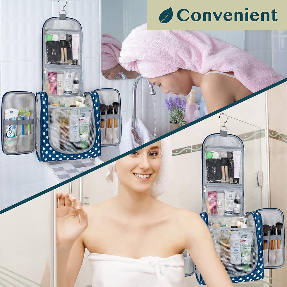 PAVILIA Extra Large Toiletry Bag Travel Bag for Women Men, Hanging Cosmetic Organizer, Water Resistant Makeup Bag for Accessories Toiletries, Travel Essentials Kit (Navy Polka Dot)