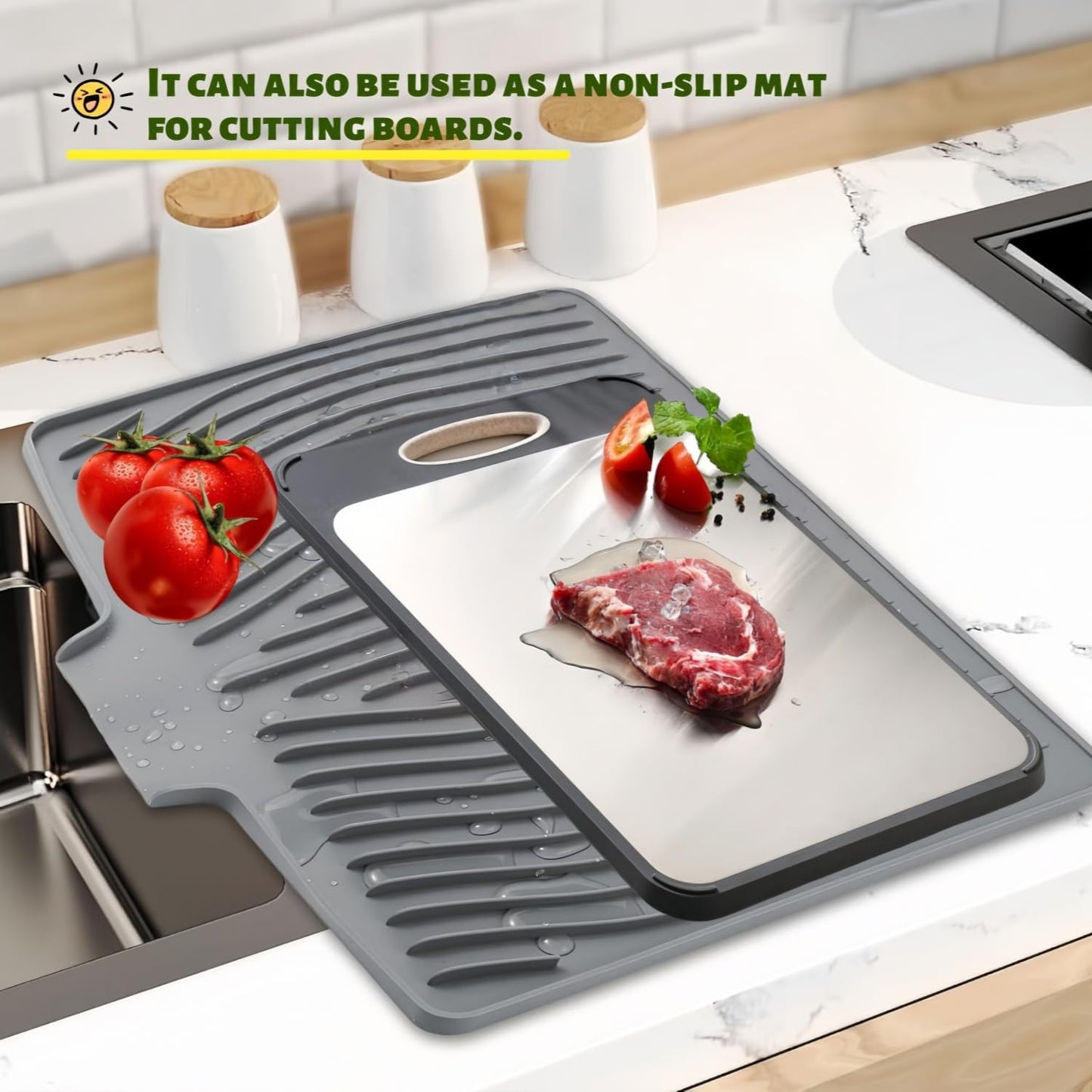 CIEO Silicone Dish Drying Mat for Kitchen Counter, Slope Fast Self-Draining, Non-Slip Drain Pad, Easy Clean Countertop Protection Mat, Multiple Use for Dishes Drying Rack(18.9"x 13.58",Black)