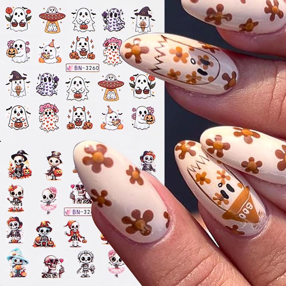 12 Sheets Halloween Nail Art Stickers Pink Pumpkin Water Transfer Nail Decals Cute Ghost Spider Skeleton Acrylic Nail Stickers for Women DIY Manicure Tips Halloween Nail Art Decorations Supplies