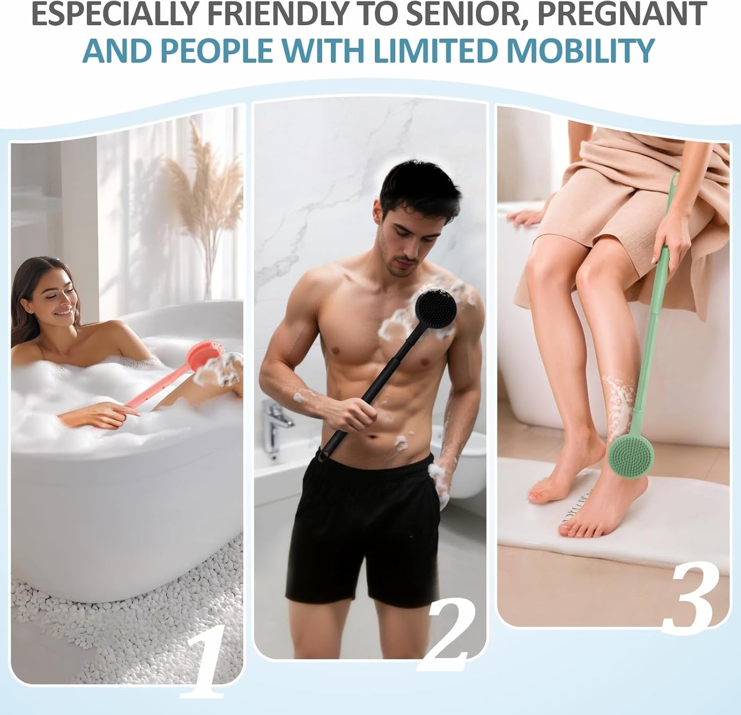 Adjustable Silicone Back Scrubber for Shower, 16''-24'' Extendable Shower Back Scrubber for Rich Foam, 5-Length Back Brush Bath Brush with Dual-Side Head and Super-Lathering Bristles(Black)