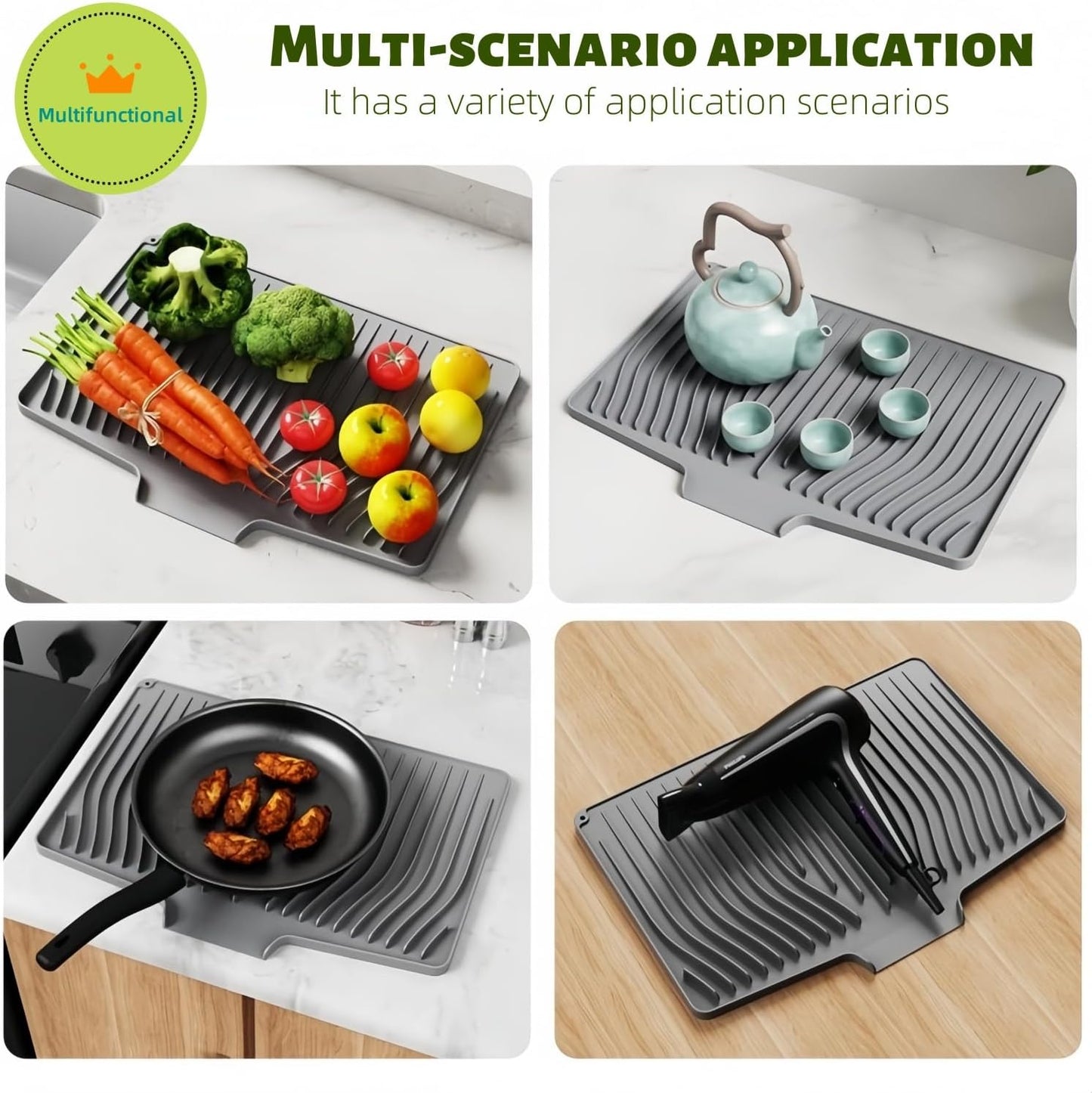 CIEO Silicone Dish Drying Mat for Kitchen Counter, Slope Fast Self-Draining, Non-Slip Drain Pad, Easy Clean Countertop Protection Mat, Multiple Use for Dishes Drying Rack(18.9"x 13.58",Black)