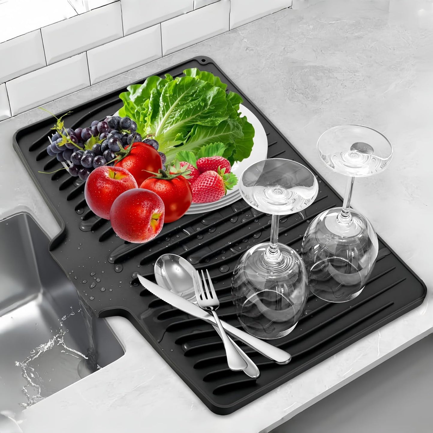 CIEO Silicone Dish Drying Mat for Kitchen Counter, Slope Fast Self-Draining, Non-Slip Drain Pad, Easy Clean Countertop Protection Mat, Multiple Use for Dishes Drying Rack(18.9"x 13.58",Black)
