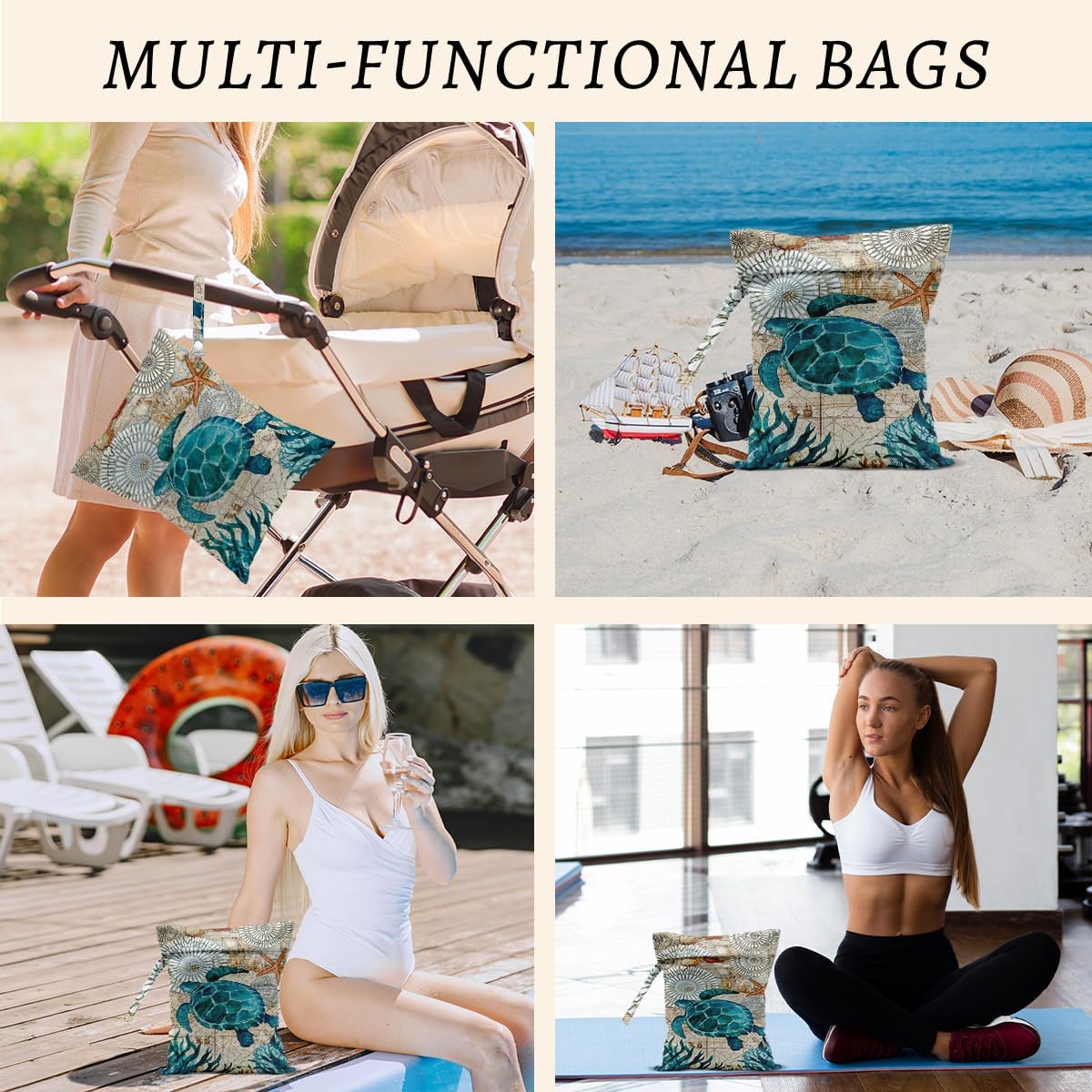 Turtle Wet Bags 12x10 Inch, Sea Weed Waterproof Travel Laundry Bags, Shell Washable Reusable Wet Dry Bag for Swimsuit Beach Diapers Dirty Yoga Gym Clothes, Sea Turtle Gifts for Women Friend Travelers