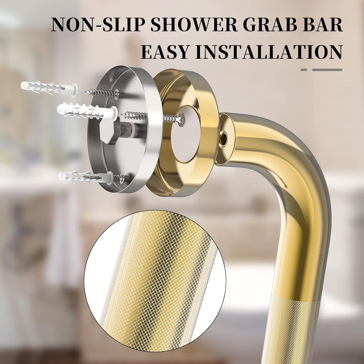 Gold Shower Grab Bar w/Anti-Slip Knurled Grip 32 Inch, Zepolu Wall Mounted Stainless Steel Bath Grab Bar,Safety Balanced Handrail, Handicap Injury Elderly Senior Assist Support Textured Handle