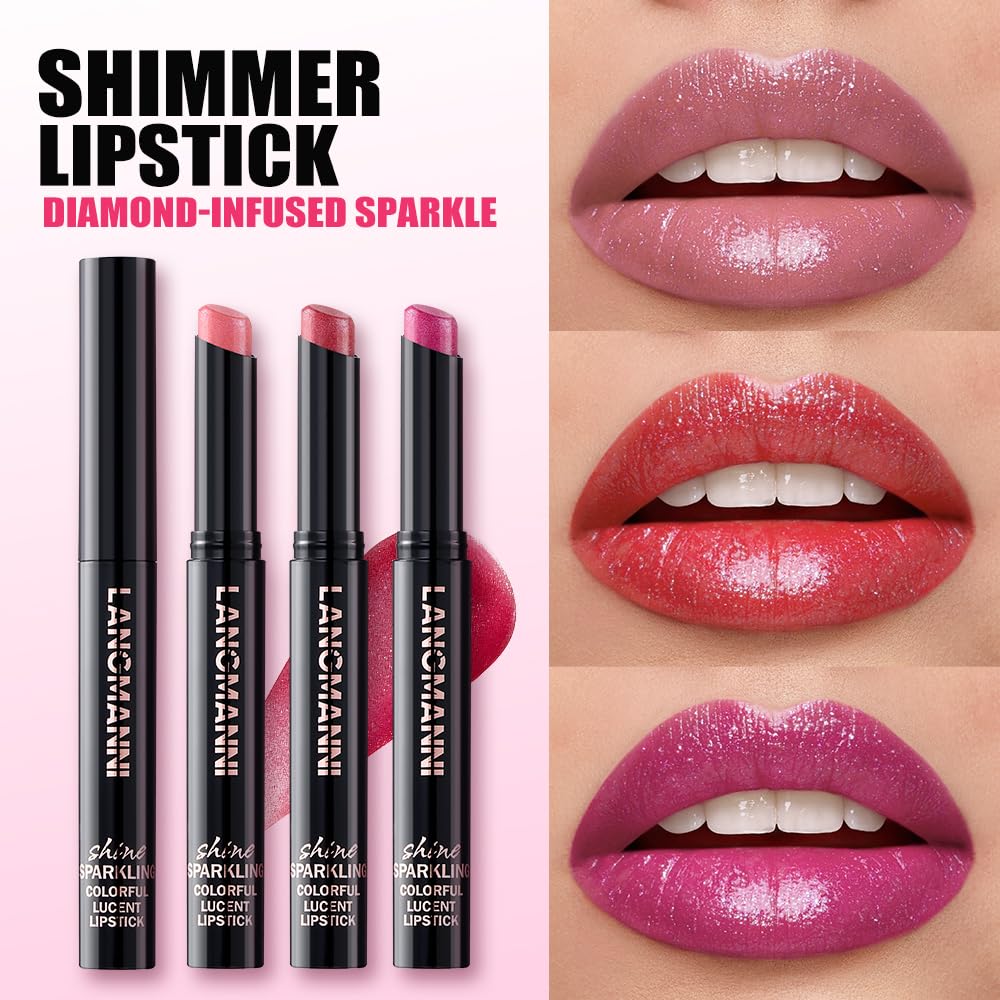 Jolilab 4Pcs Sparkling Lipstick Lip Gloss Long Lasting Waterproof Moisturizer Lip Balm Glitter Shimmer Metallic Lipstick, Diamond Shiny Bold Glow Goth Lipstick for Women Girls,Non-sticky(03+04+09+10