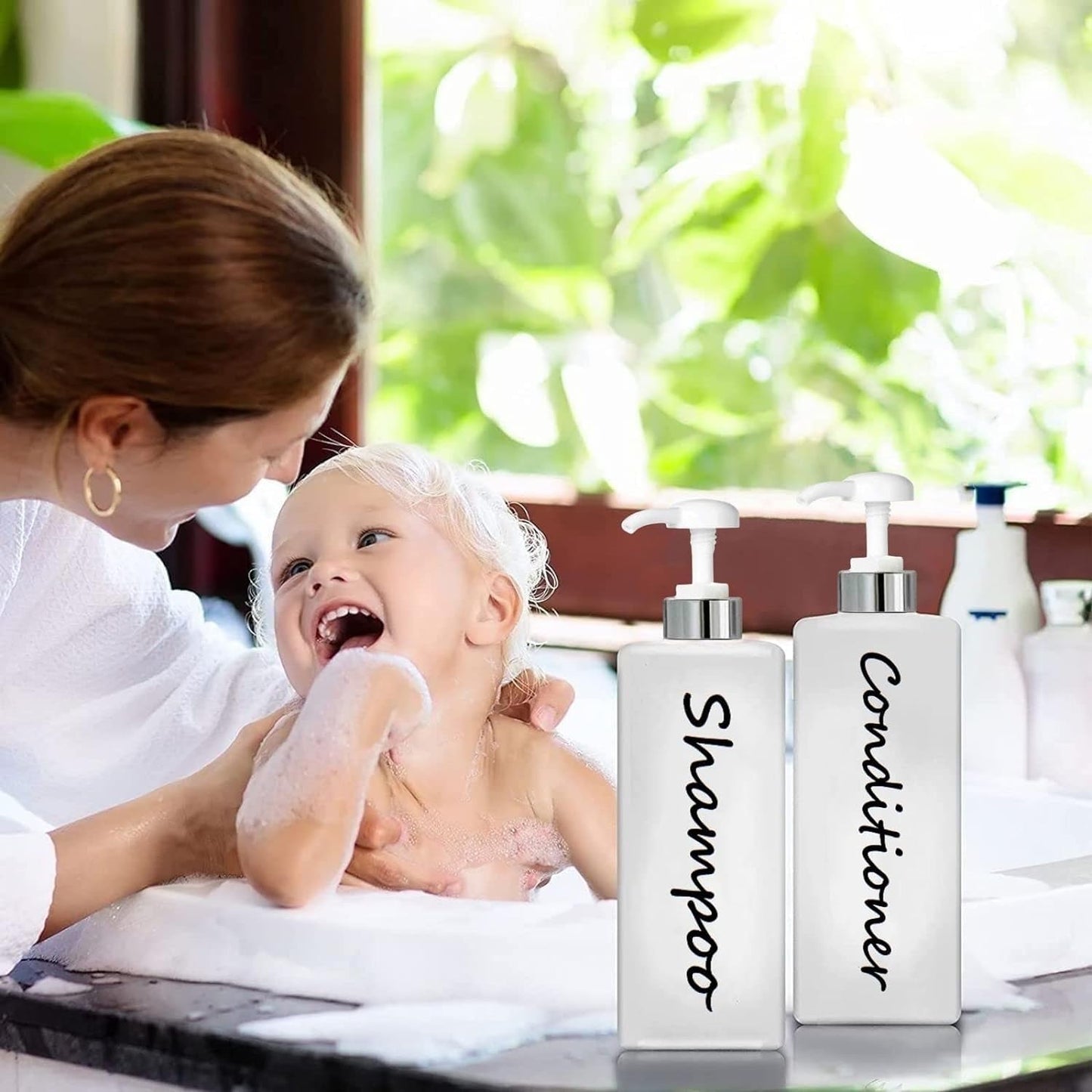 21oz Shampoo and Conditioner Dispenser (Set of 3) Modern Refillable Shampoo Pump Bottles for Shower Soap - Empty Shampoo Conditioner Body Wash Dispenser Set - Stylish Permanent Labels - for Bathroom