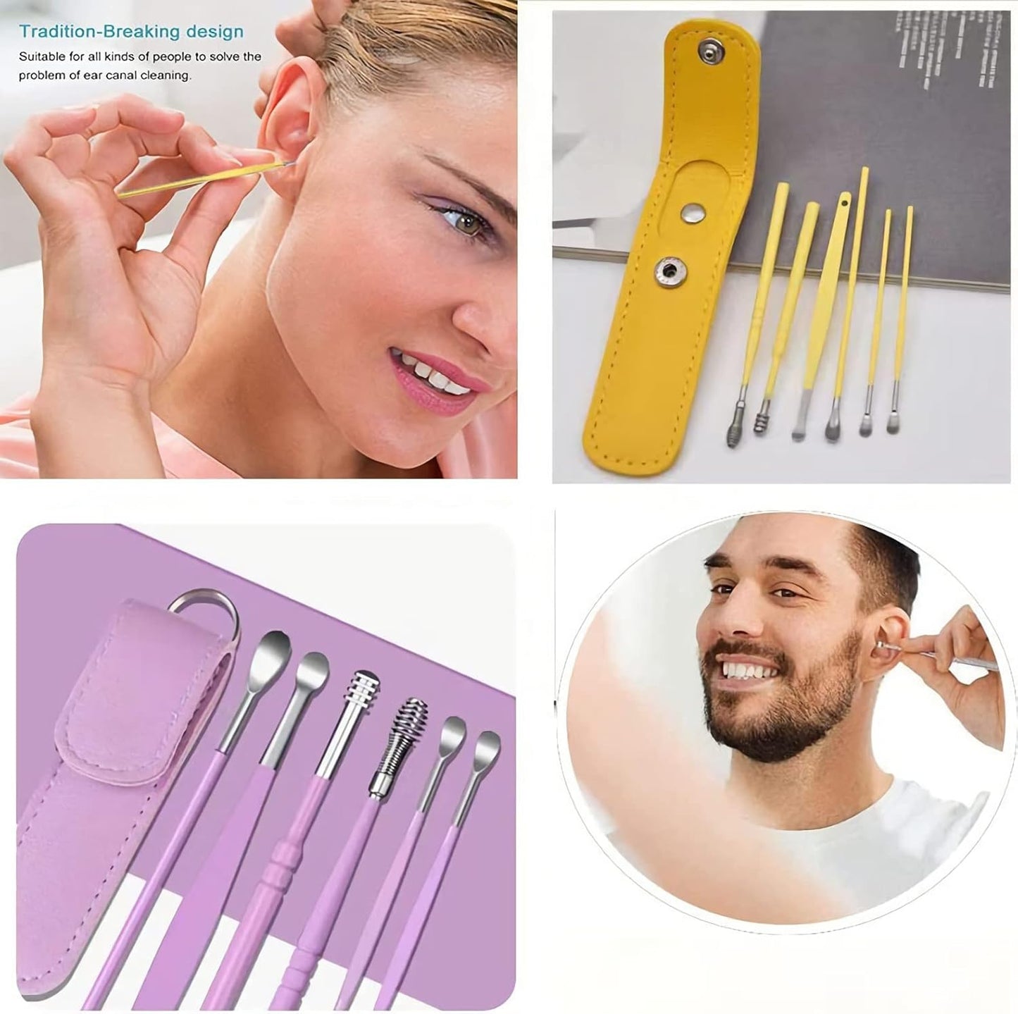 12 Pcs Ear Pick Earwax Removal Kit, Ear Cleaning Tool, Stainless Steel Earwax Removal Tool with Leather Storage Box (Yellow&Purple)
