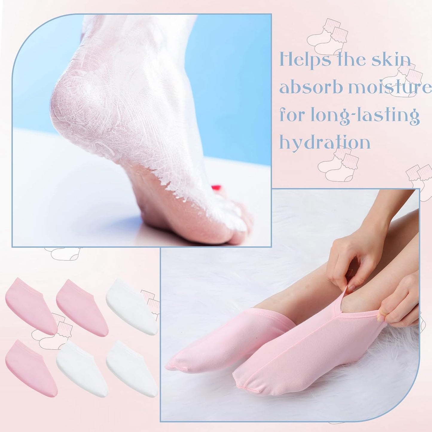 12 Pairs Moisturizing Socks Overnight for Dry Feet Cotton Spa Lotion Cotton Moisture Enhancing Cosmetic Moisturizing Socks for Women Men Foot Care Dry Cracked Feet(Classic,White Pink)