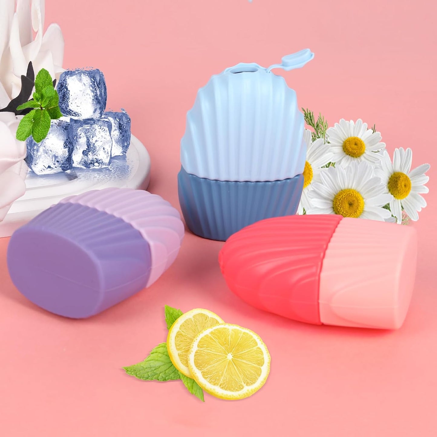 Ice Cube Roller for Face,Eyes and Neck,Reusable Silicone Ice Mold Mermaid Shell Shape for Shrink Pores Anti Wrinkle and Skin Beauty Care,Reduce Migraine Pain,Gua Sha Face Massage Tools (Purple)