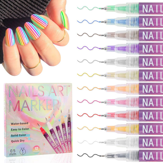 12 Colors 3D Nail Art Pens, Fine Tips 0.5 MM Nail Polish Pens Quick-Drying EBANKU Acrylic Nail Paint Point Dotting Liner Pen Tools for Home & Salon Manicure DIY