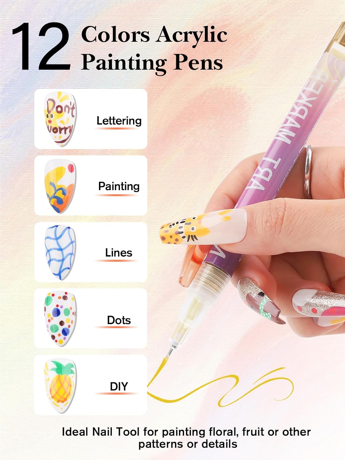 12 Colors 3D Nail Art Pens, Fine Tips 0.5 MM Nail Polish Pens Quick-Drying EBANKU Acrylic Nail Paint Point Dotting Liner Pen Tools for Home & Salon Manicure DIY