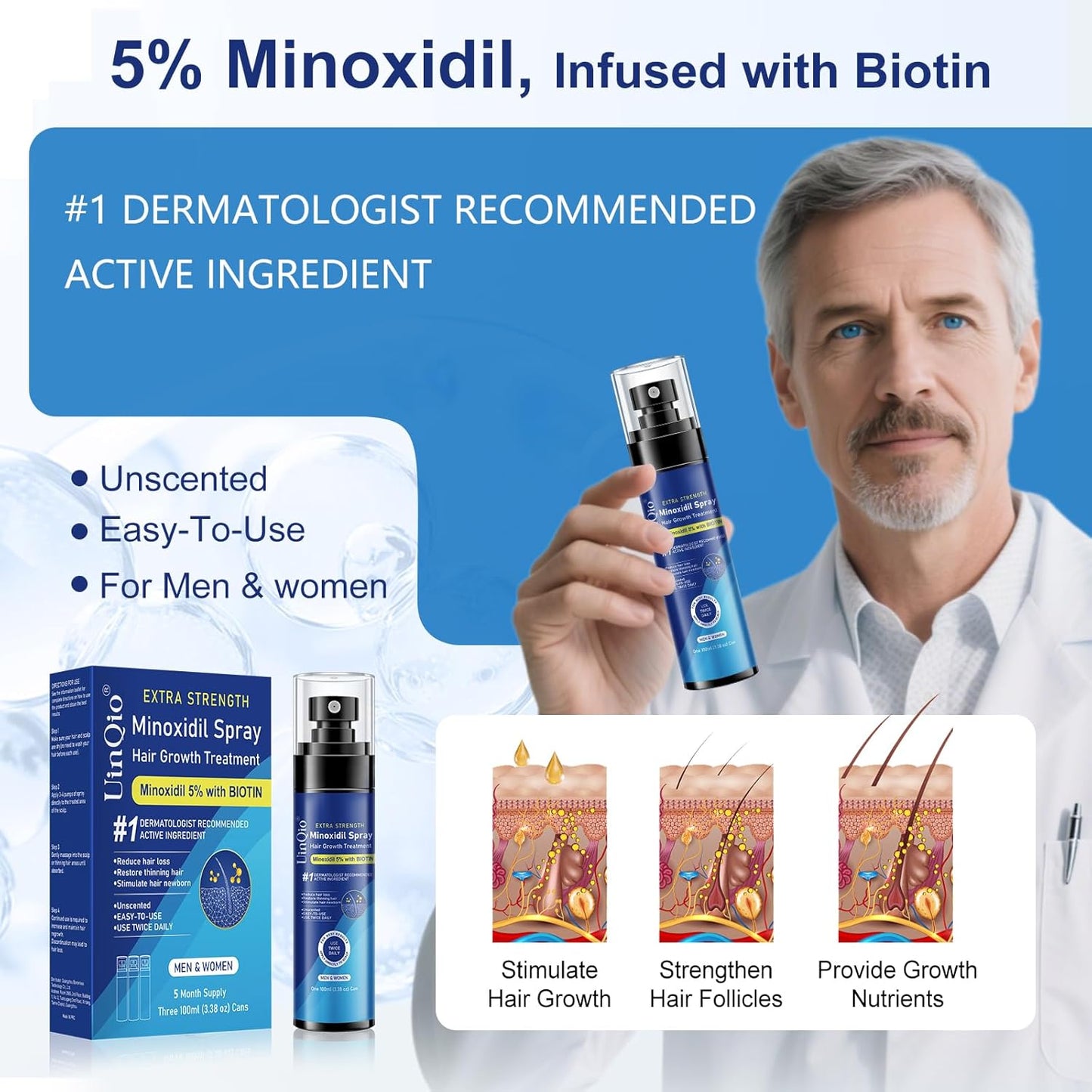 5% Minoxidil Spray for Men and Women, Infused with Biotin, for Hair Regrowth Treatment, Beard Growth, Extra Strength Treatment to Combat Hair Loss and Thinning, 5 Month Supply, 3 x 3.38 oz
