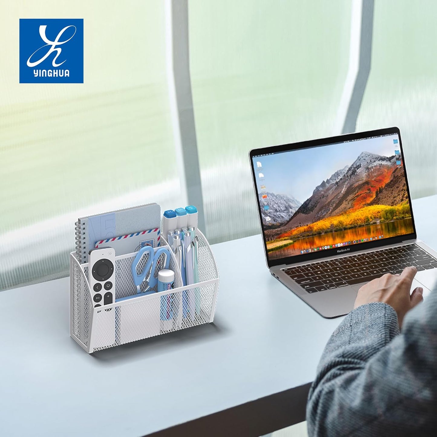 YINGHUA Strong Magnetic Pen Holder for Whiteboard and Refrigerator 3 Compartments Metal Mesh Organizer Space Saving Shelf for Office School Home and Locker - White