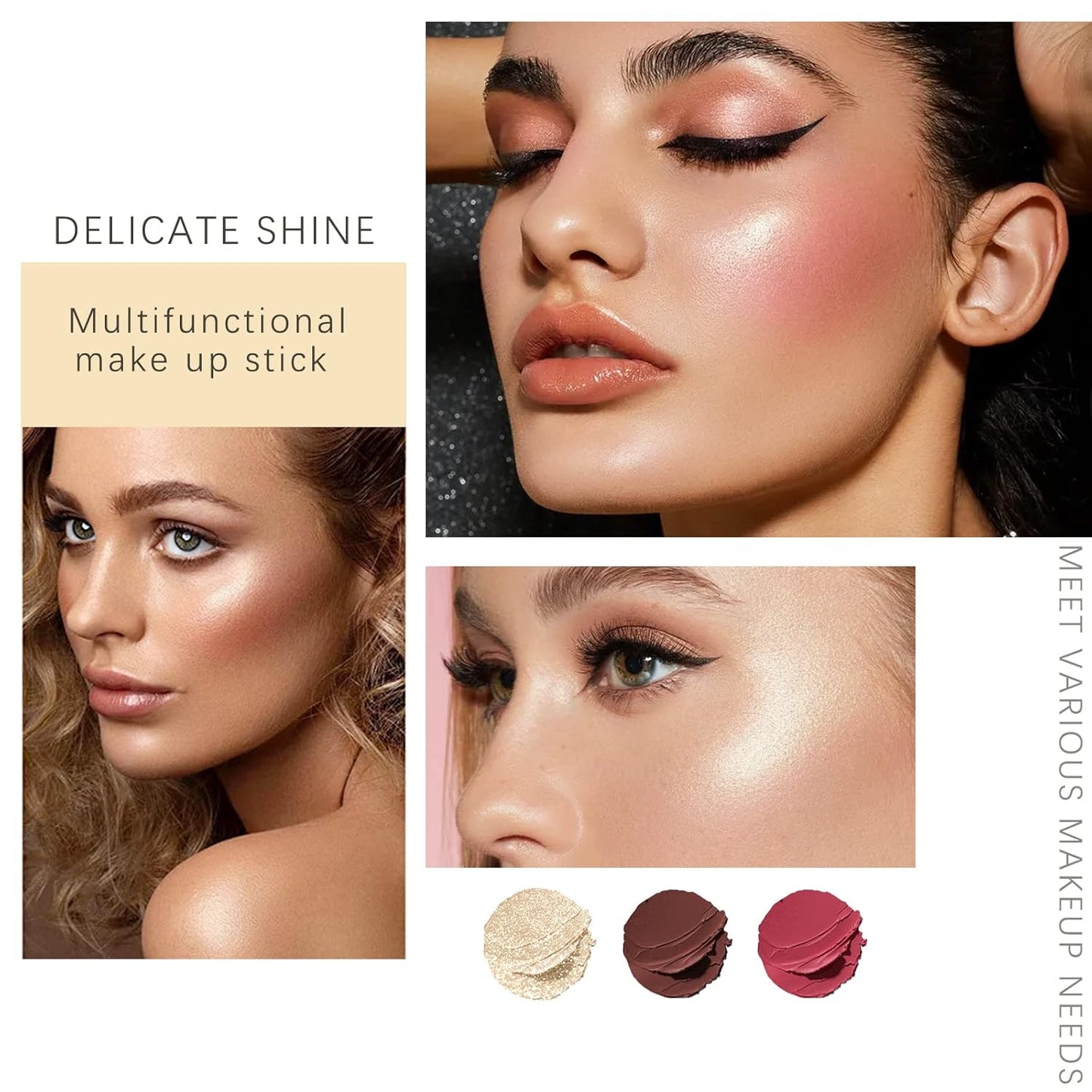 3 Colors Highlilghter Contour Blush Sticks Creamy Sticks for Cheeks, Eyes Cosmetics Stick Set, 3 in 1 Long Lasting Waterproof Moisturizer Makeup Sticks for All Skin