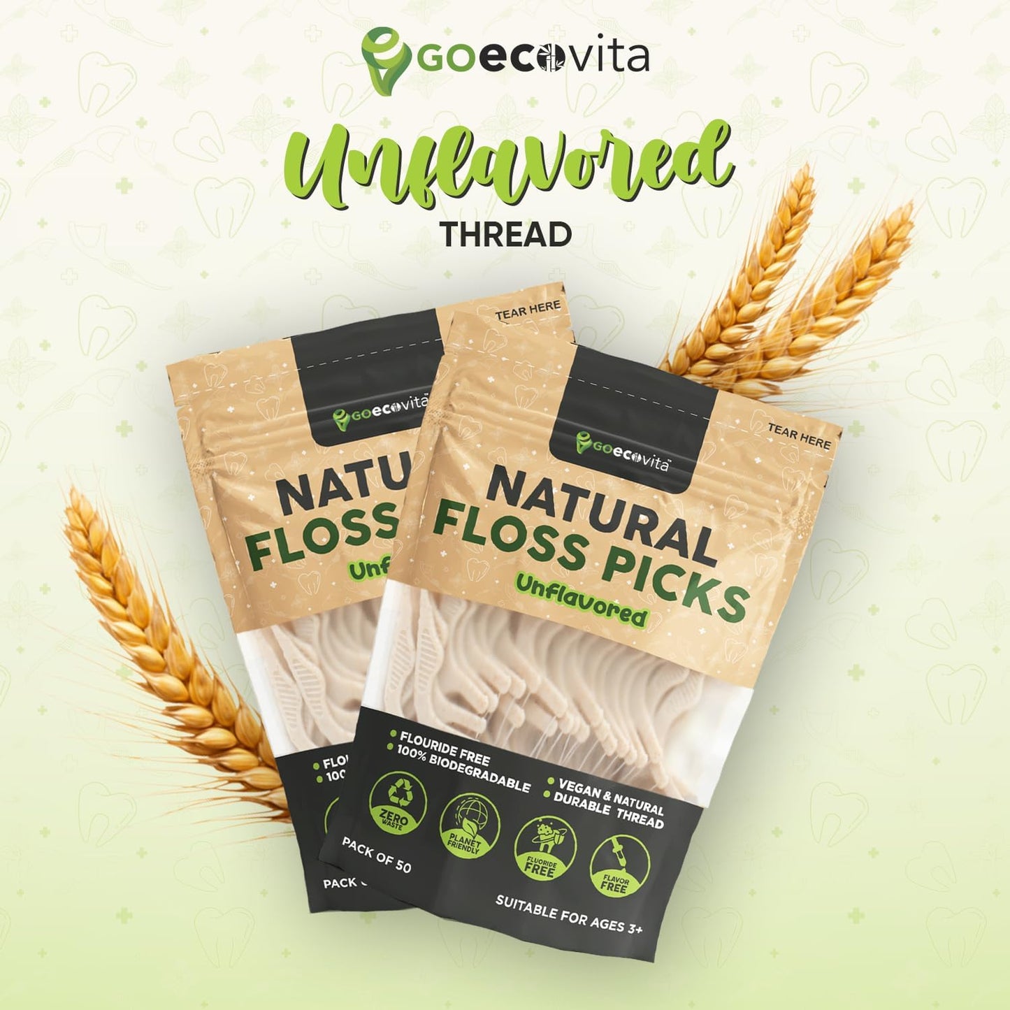 Biodegradable Floss Picks (Unflavored) - Natural Straw Wheat Handle | Thin & Durable Thread for Tight Gaps! | Dental Flossers for Adults | Gentle on Gums & Teeth | Eco Friendly, Vegan (100 Pack)