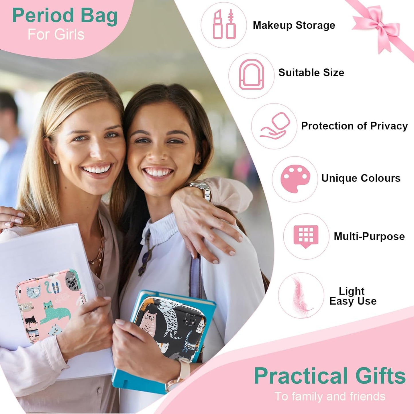 Desing Wish Sanitary Pad Storage Bag Portable Period Bag for Teen Pads/Sanitary Napkins/Small Tampons, Sanitary Napkin Storage Bag First Period Gifts for Teen Girls (Bowknot Heart)