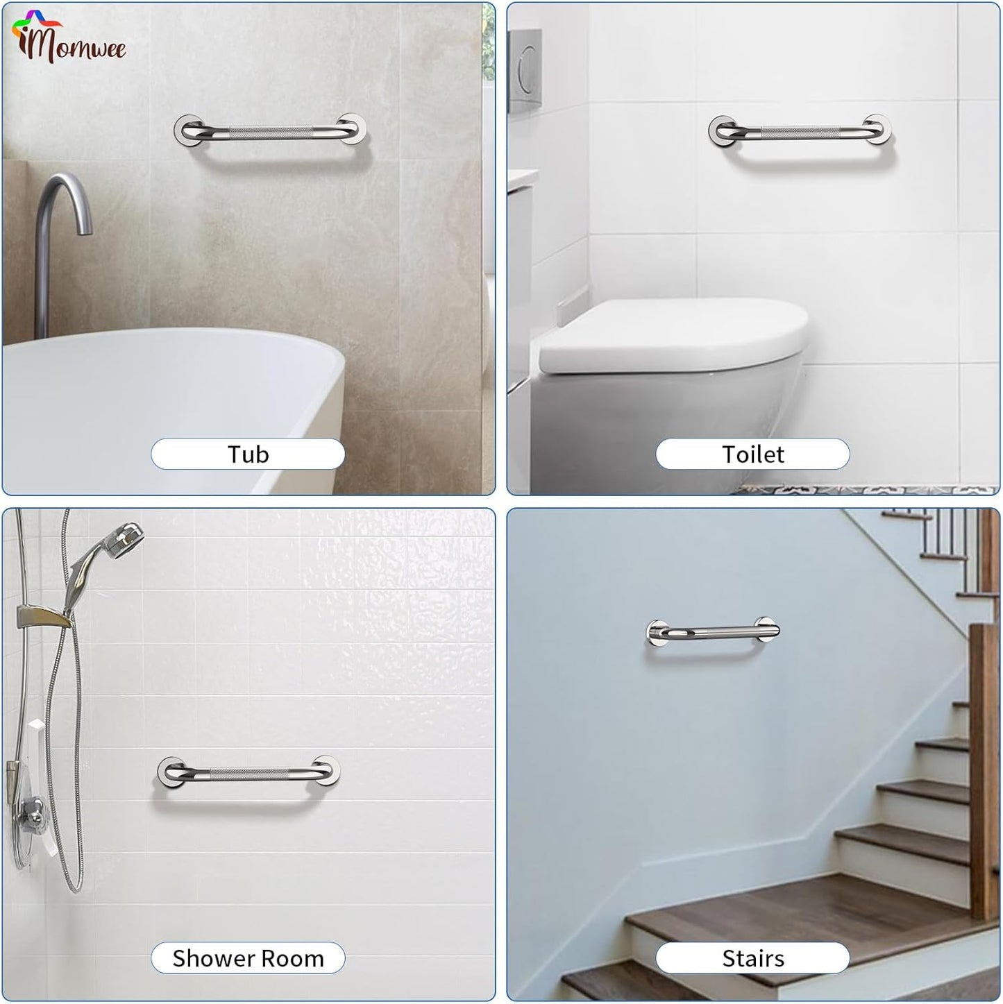 2 Pack Chrome Grab Bar 12 Inch, iMomwee Stainless Steel Non-Slip Shower Grab Bar W/Knurled Grip, Safety Bathroom Handrail, Balance Support Bar Toilet Bathtub Assist Handle for Elderly Senior Disabled