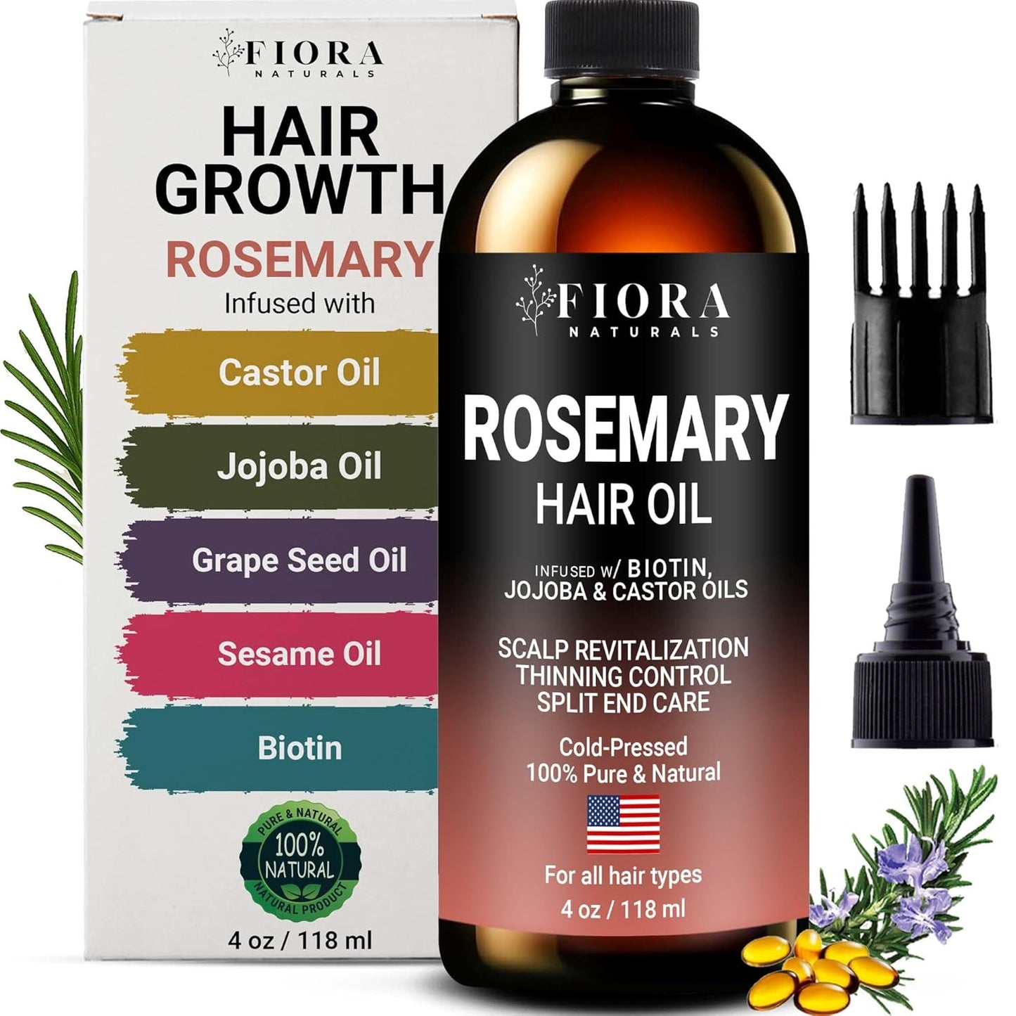 100% Pure Rosemary Oil for Hair Growth, Infused with Biotin, Jojoba & castor Oils - Natural Hair Strengthening Serum, Scalp and Beard Oil, Aceite De Romero Para El Cabello