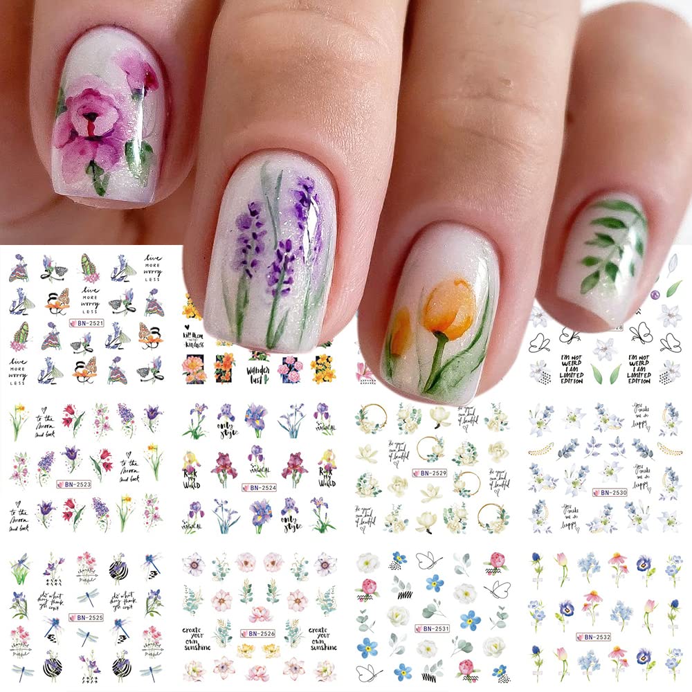 12 Sheets Flower Water Transfer Nail Stickers Purple Fresh Flower Nail Art Decals with Assorted Pattern Blossom Floral Butterfly Dragonfly DIY Nail Art supplies for Women Nail Decorations Manicure Tip