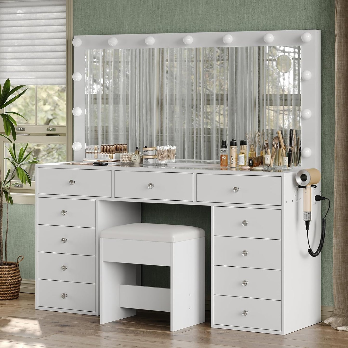 11 Drawers Makeup Vanity with Charging Station, Vanity Desk with 13 LED Bulbs and HD Mirror, 3 Color Brightness Adjustable, Glass Top Vanity Set for Bedroom, White