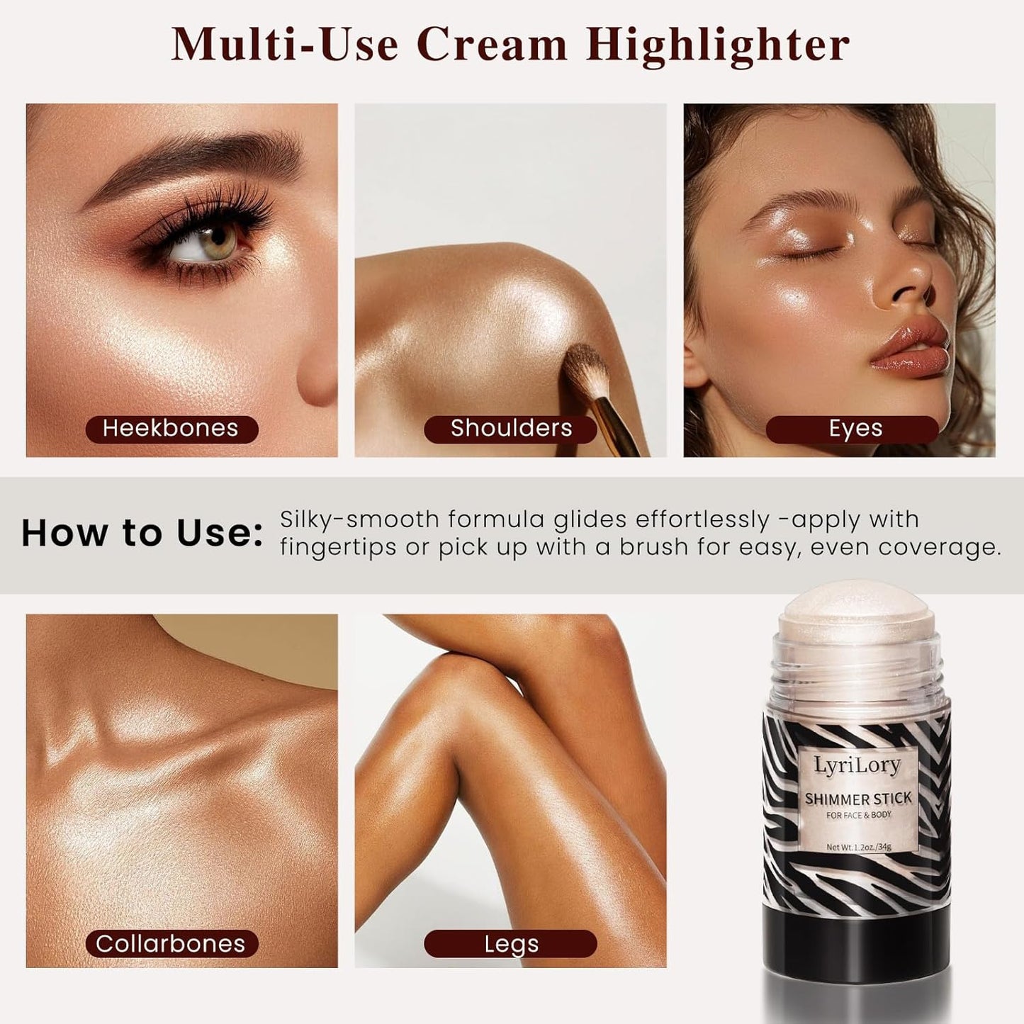 Highlighter Stick, Multi-Use Shimmer Makeup, Creamy Highlighter Makeup Stick with Hydrating Coconut Oil, Easy Blend for a Translucent Radiant Glow, For Face & Body | 1.2oz | Ivory Champagne