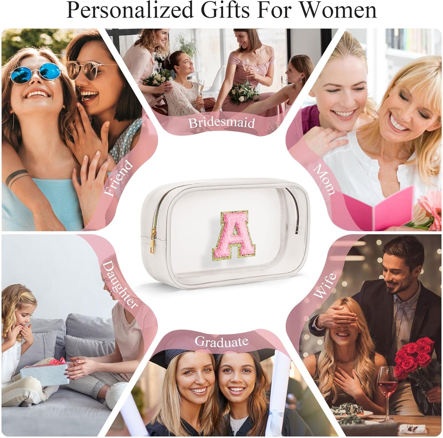 YOOLIFE Initial Make Up Bag Travel Toiletry Bag, Clear Makeup Bag Preppy Cosmetic Bag Clear Makeup Bags With Zipper Girlfriend Teacher 6 Year Old Girl Gifts Daughter Gifts Swim Gifts For Girls White R