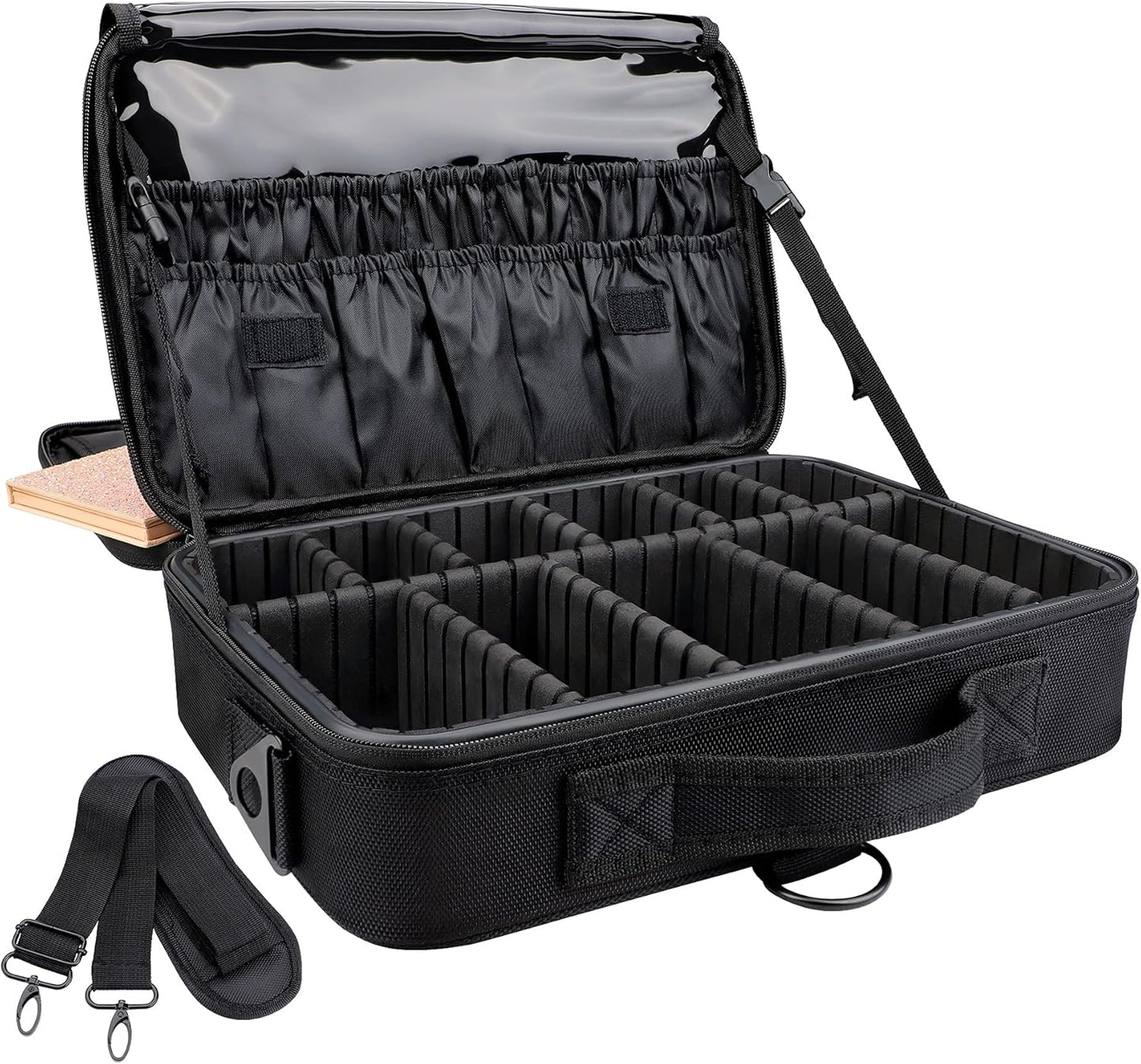 JOURMON Travel Makeup Case 3 Layers Makeup Train Case Portable Makeup Bag Organizer Portable Artist Storage Bag with Adjustable Dividers and Shoulder Strap(Black, M)
