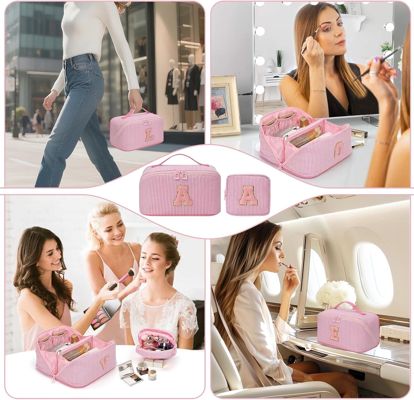 Travel Makeup Bag for Women, 2Pcs Portable Personalized Initial Makeup Organizer Bag, Open Flat Large Cosmetic Bag With Travel Essential Pouch (Pink Letter Z)