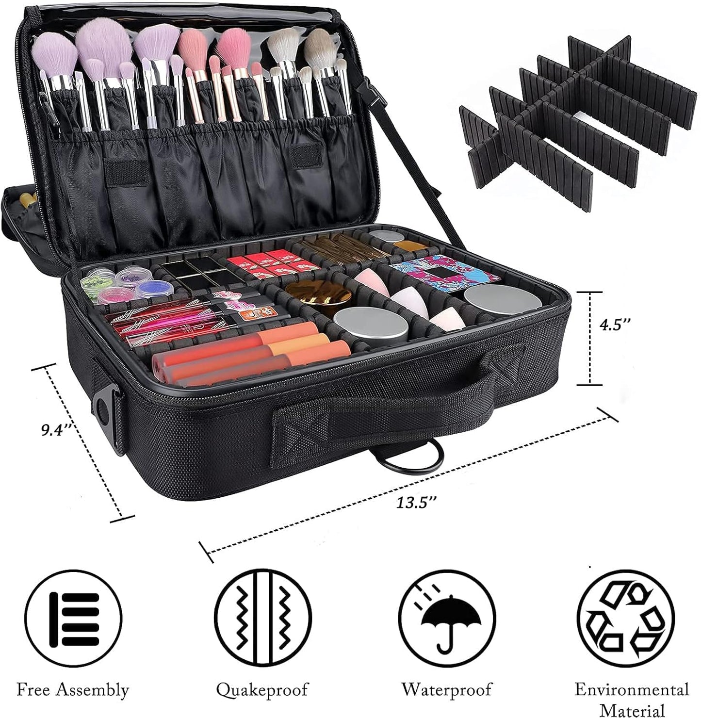 JOURMON Travel Makeup Case 3 Layers Makeup Train Case Portable Makeup Bag Organizer Portable Artist Storage Bag with Adjustable Dividers and Shoulder Strap(Black, M)