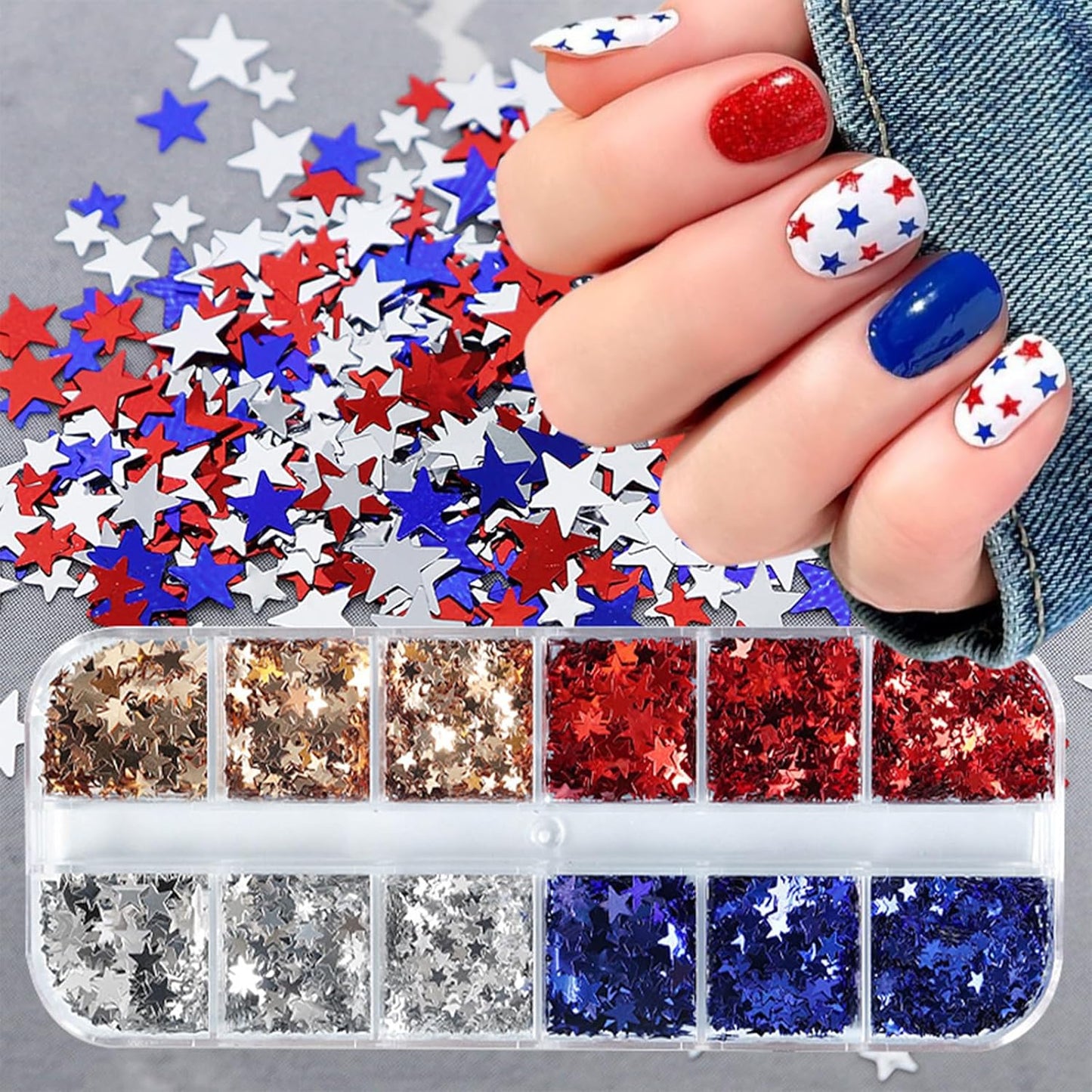 12 Grids Independence Day Nail Sequins,3D Holographic Nails Glitter Laser Star Nail Shining Flakes for Fourth of July Five-Pointed Star Mixed Sequins for America Patriotic Face Makeup Nail Decoration