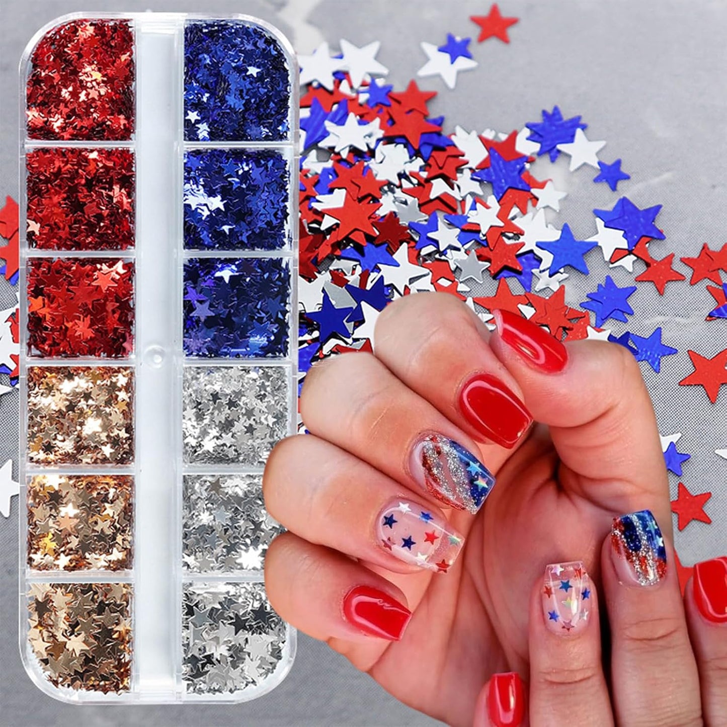 12 Grids Independence Day Nail Sequins,3D Holographic Nails Glitter Laser Star Nail Shining Flakes for Fourth of July Five-Pointed Star Mixed Sequins for America Patriotic Face Makeup Nail Decoration