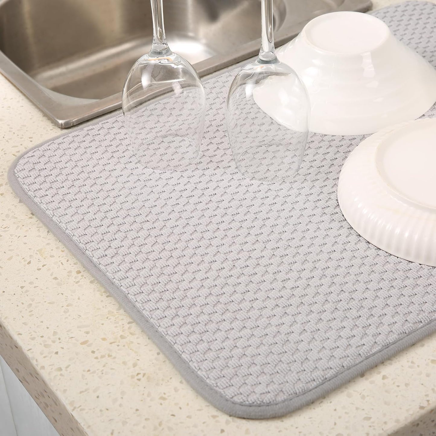 2 Pack Microfiber Dish Drying Mat for Kitchen Counter,Ultra Absorbent Dish Drainer Mat ,Dish Drying Pad , Dish Rack Mat 20×15 Inch (Silver Gray)