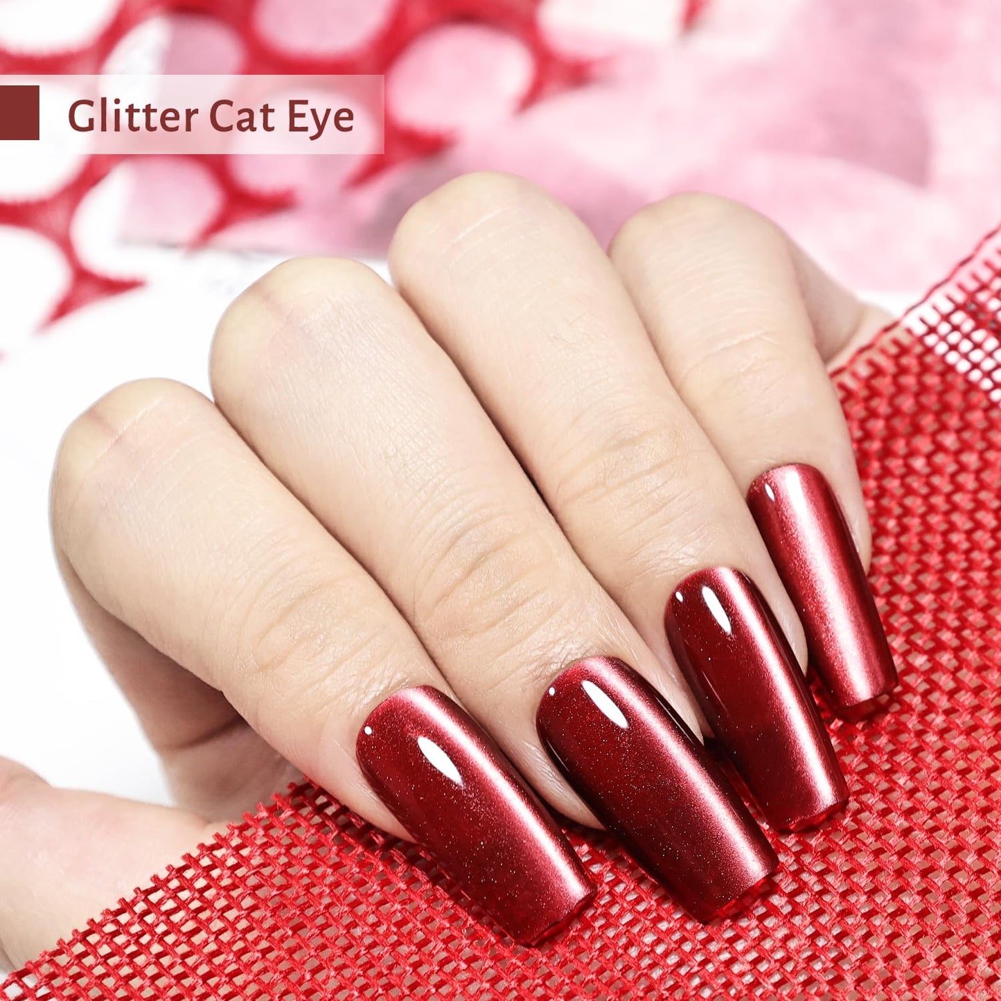 JODSONE 16.5ml Red Cat Eye Gel Nail Polish,Glitter Burgundy Red Cat Eye Magnetic Reflective Translucent Need U V Curing at Home Salon Design