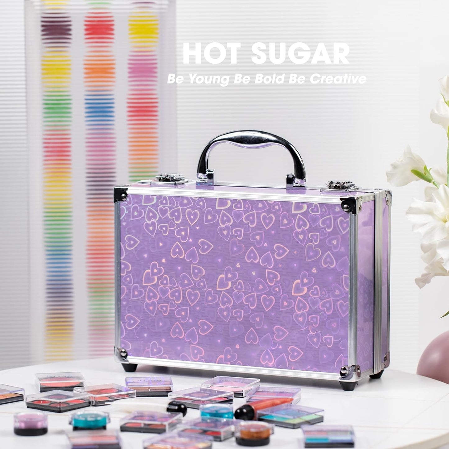 Hot Sugar Makeup Kit for Teenager Girls - Full Starter Cosmetics Set with Eye Shadow Lip Balm Blush Lip Gloss Brush Lip Pencil Eye Pencil and Mirror (Purple Love)