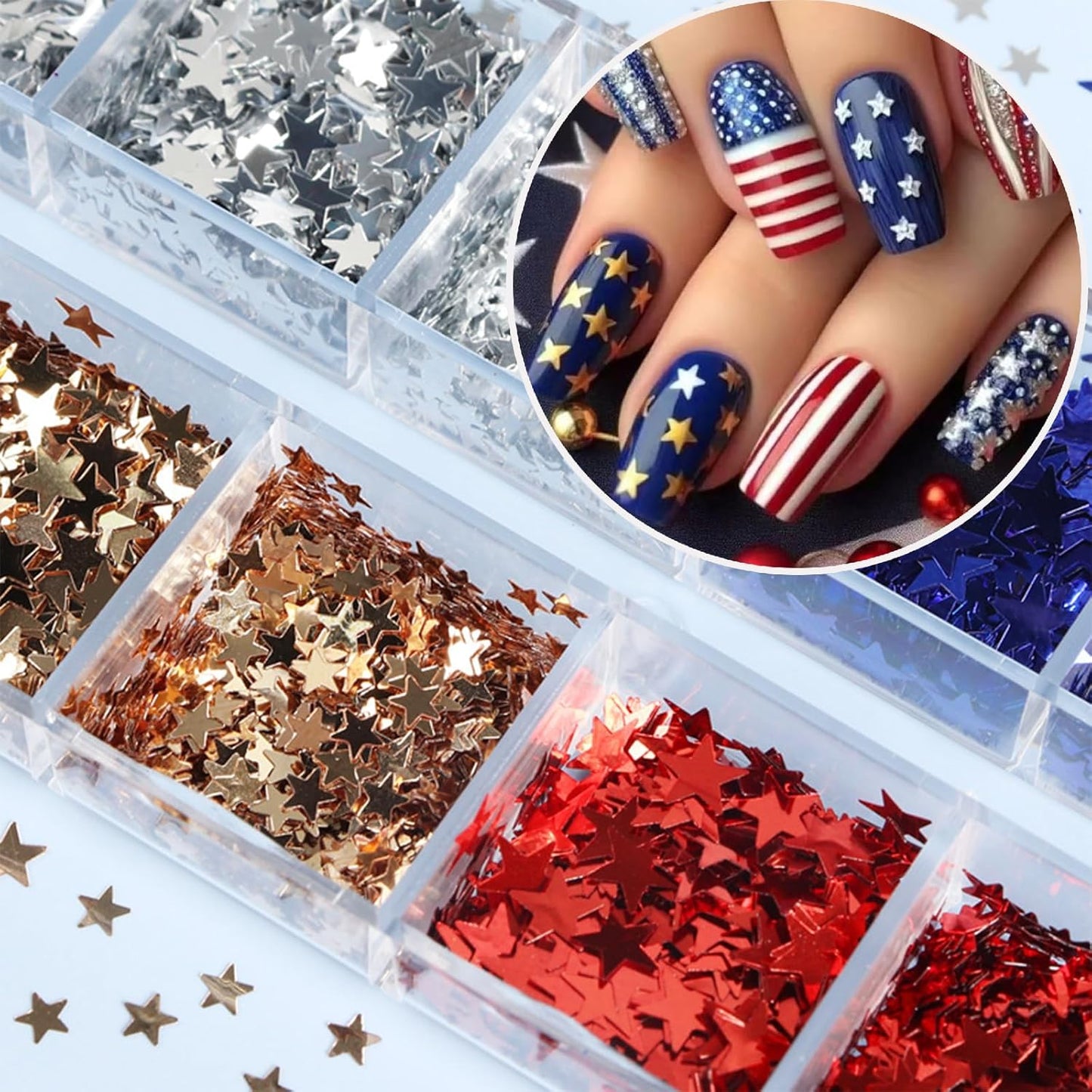 12 Grids Independence Day Nail Sequins,3D Holographic Nails Glitter Laser Star Nail Shining Flakes for Fourth of July Five-Pointed Star Mixed Sequins for America Patriotic Face Makeup Nail Decoration